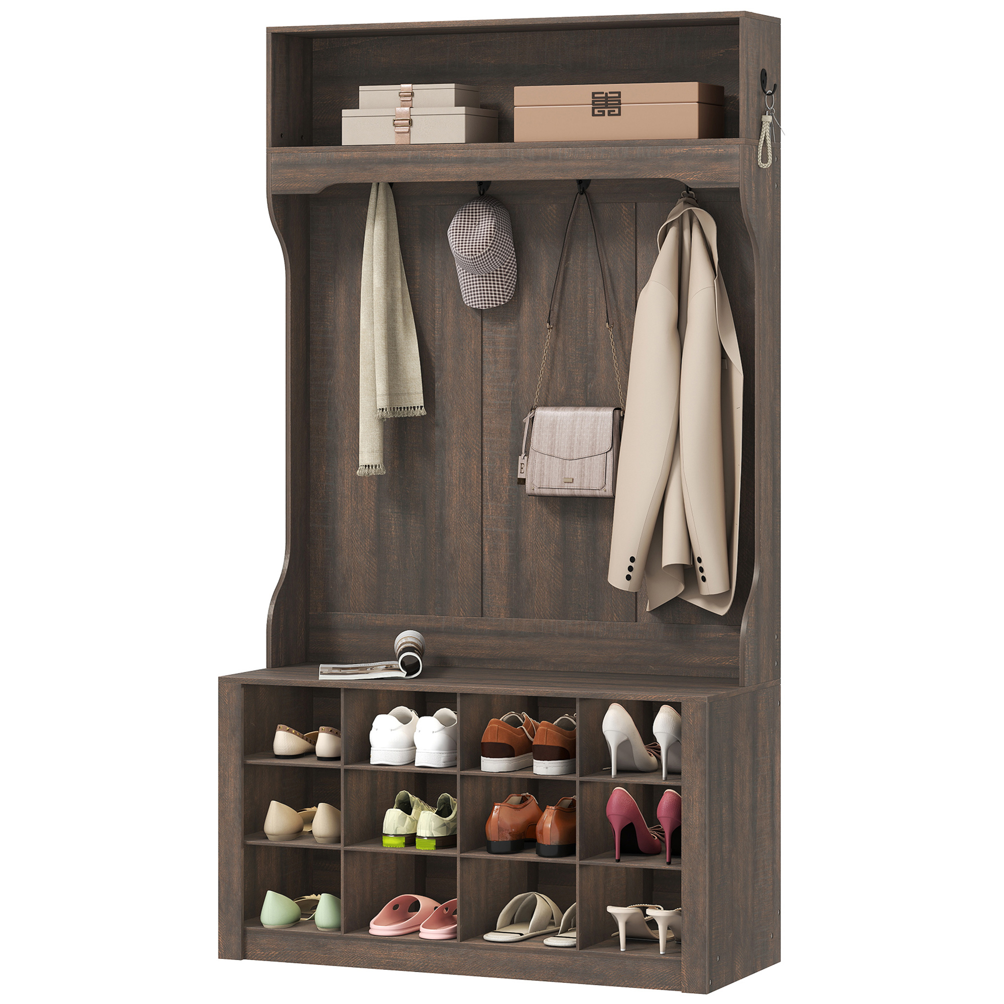 Farmhouse Coat Holder Footwear Seating Bench with 12 Footwear Cubbies, 4-In-1 Hall Tree with Seating Bench and Footwear Organizer, 6 Hooks, Dark Brown 1