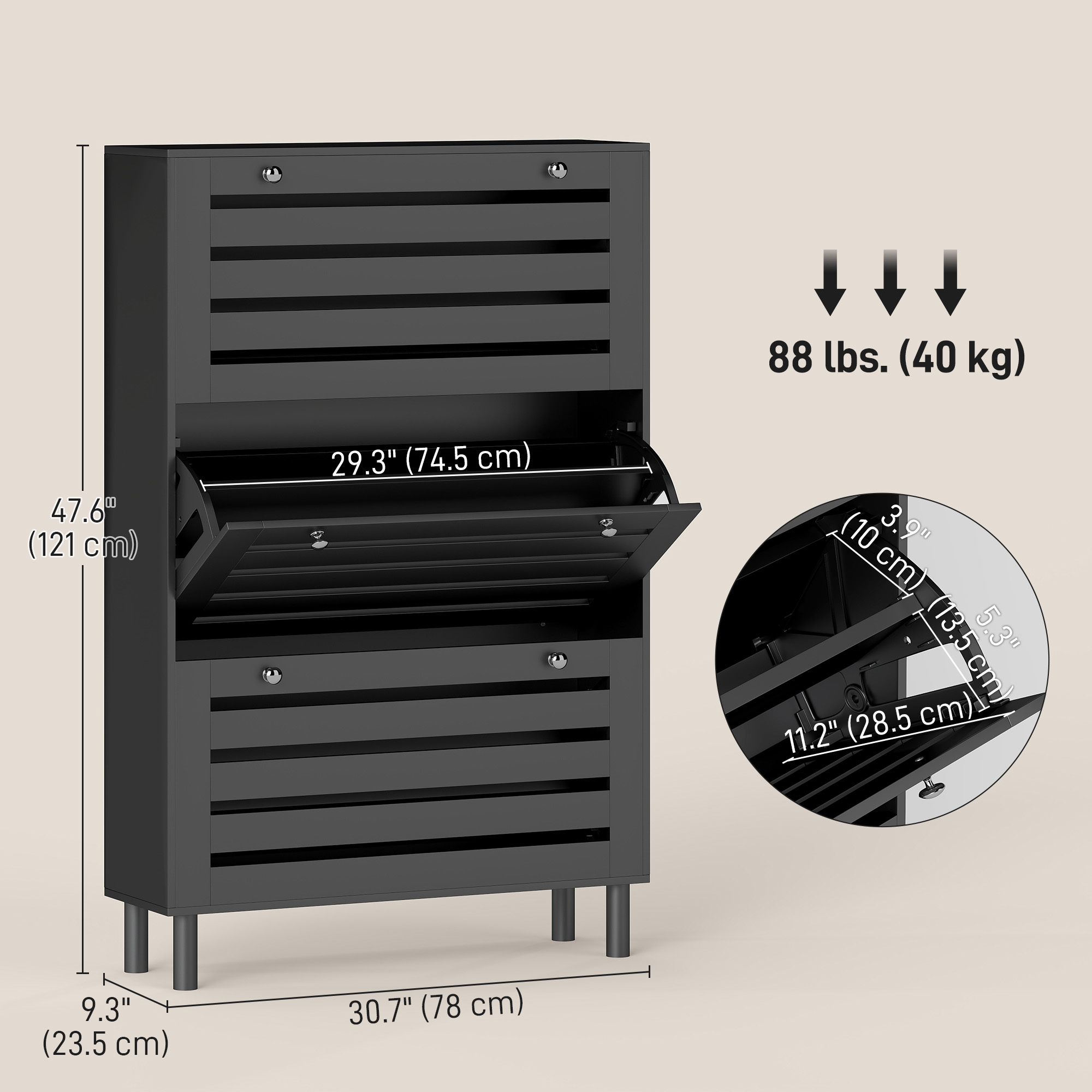 HOMCOM Narrow Shoe Storage Cabinet, 3 Flip Drawers, Adjustable