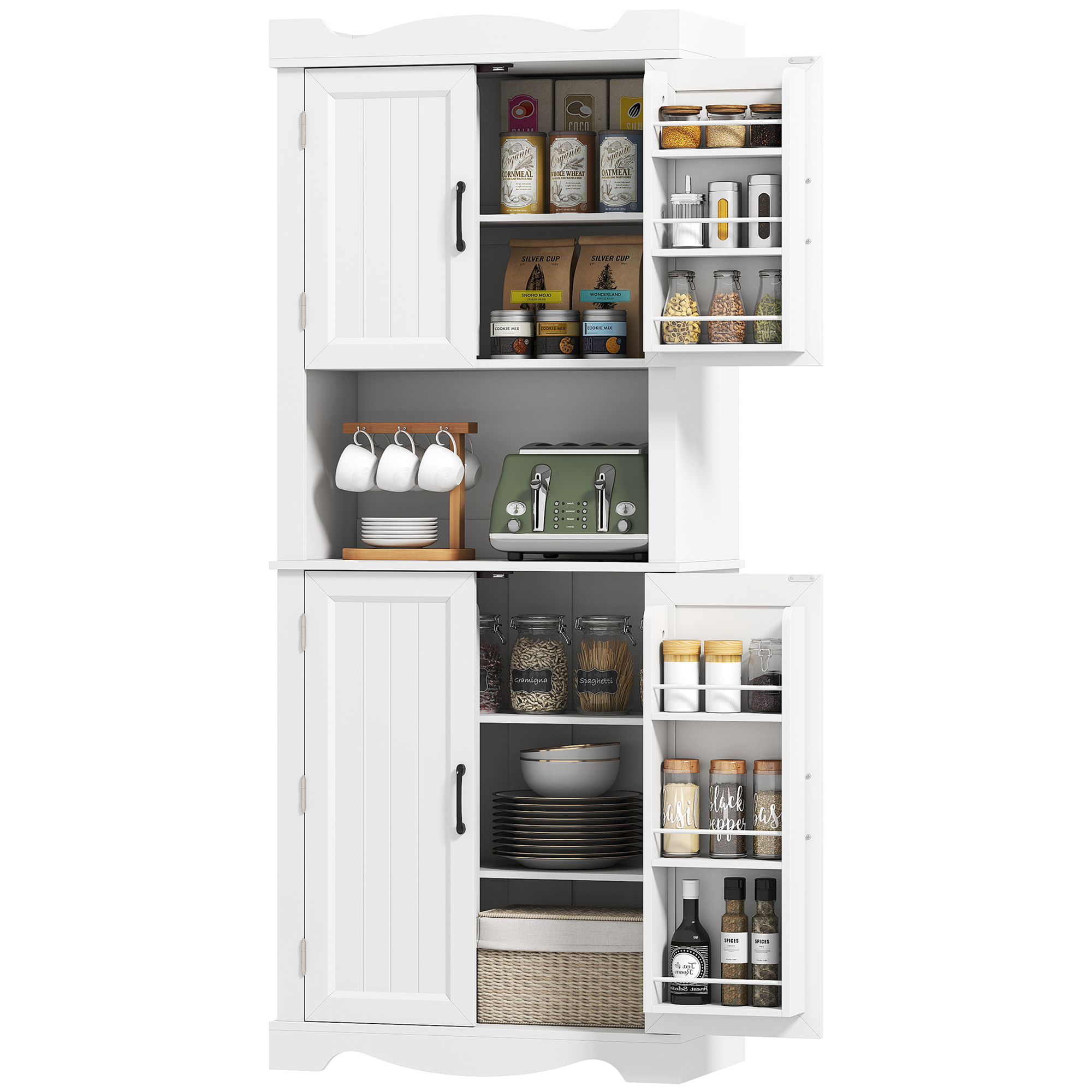 Freestanding Cooking Hutch with 12 Entry Shelves, 73" Cooking Pantry Organizer Unit, Adjustable-Height Shelves, Microwave Stand, White 1