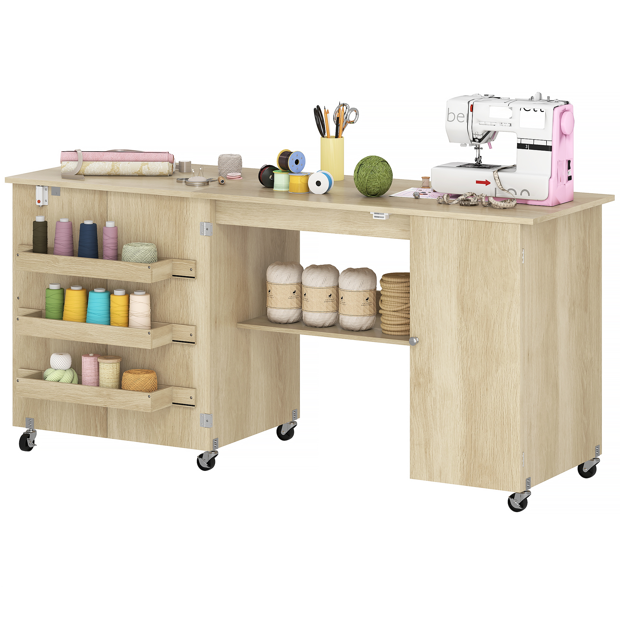 Foldable Craft Surface with 2 Doors and Adjustable-Height Shelving for Compact Spaces, Sewing Machine Surface with Drop Leaf, Natural 1