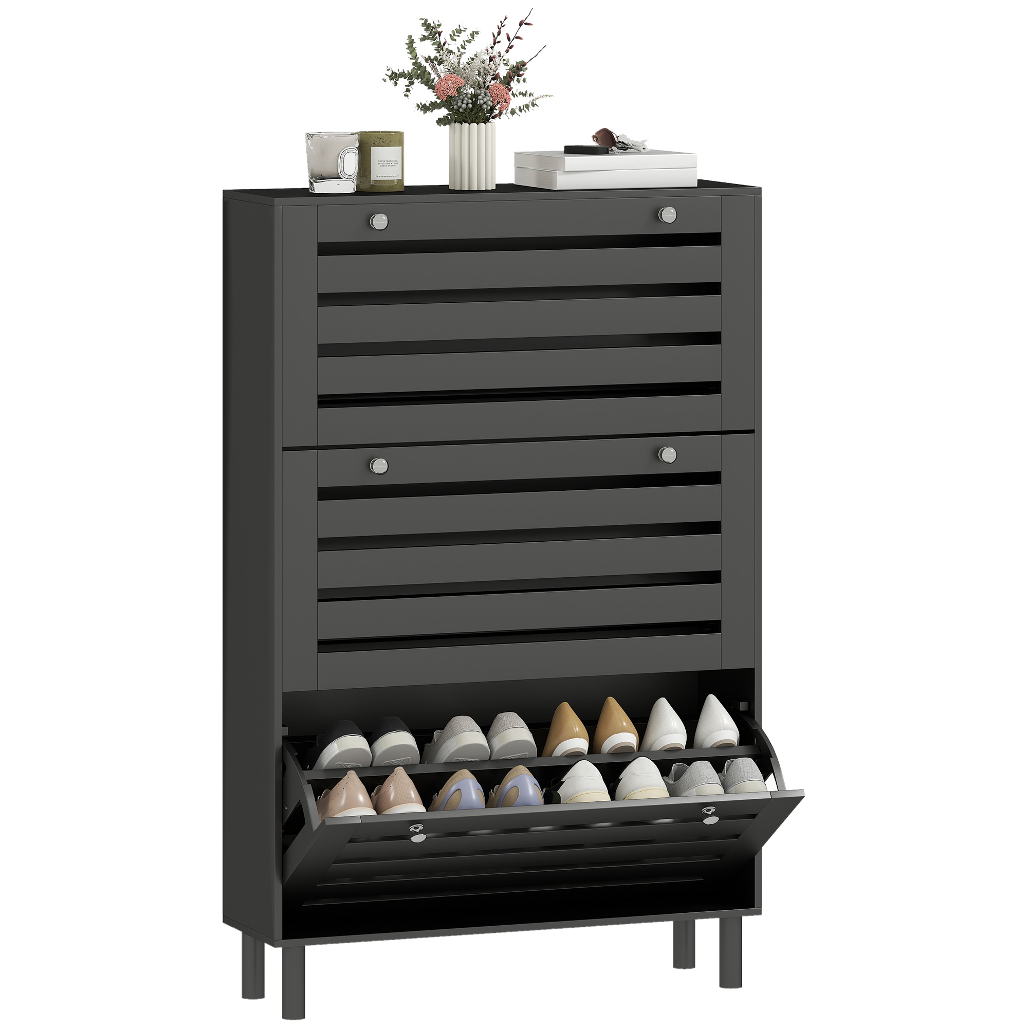 T.Yoshizawa HOMCOM Narrow Shoe Storage Cabinet, 3 Flip Drawers, Adjustable
