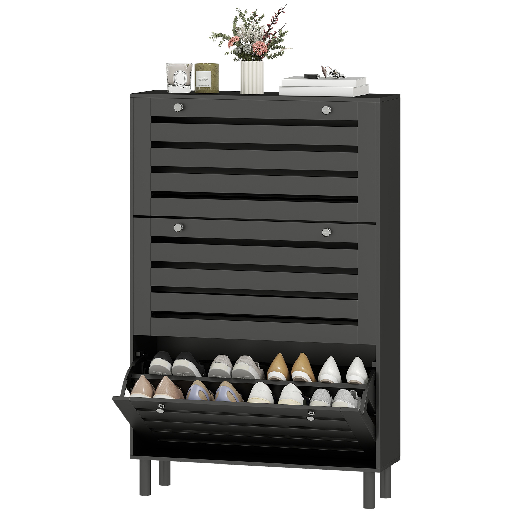 HOMCOM Narrow Shoe Storage Cabinet, 3 Flip Drawers, Adjustable