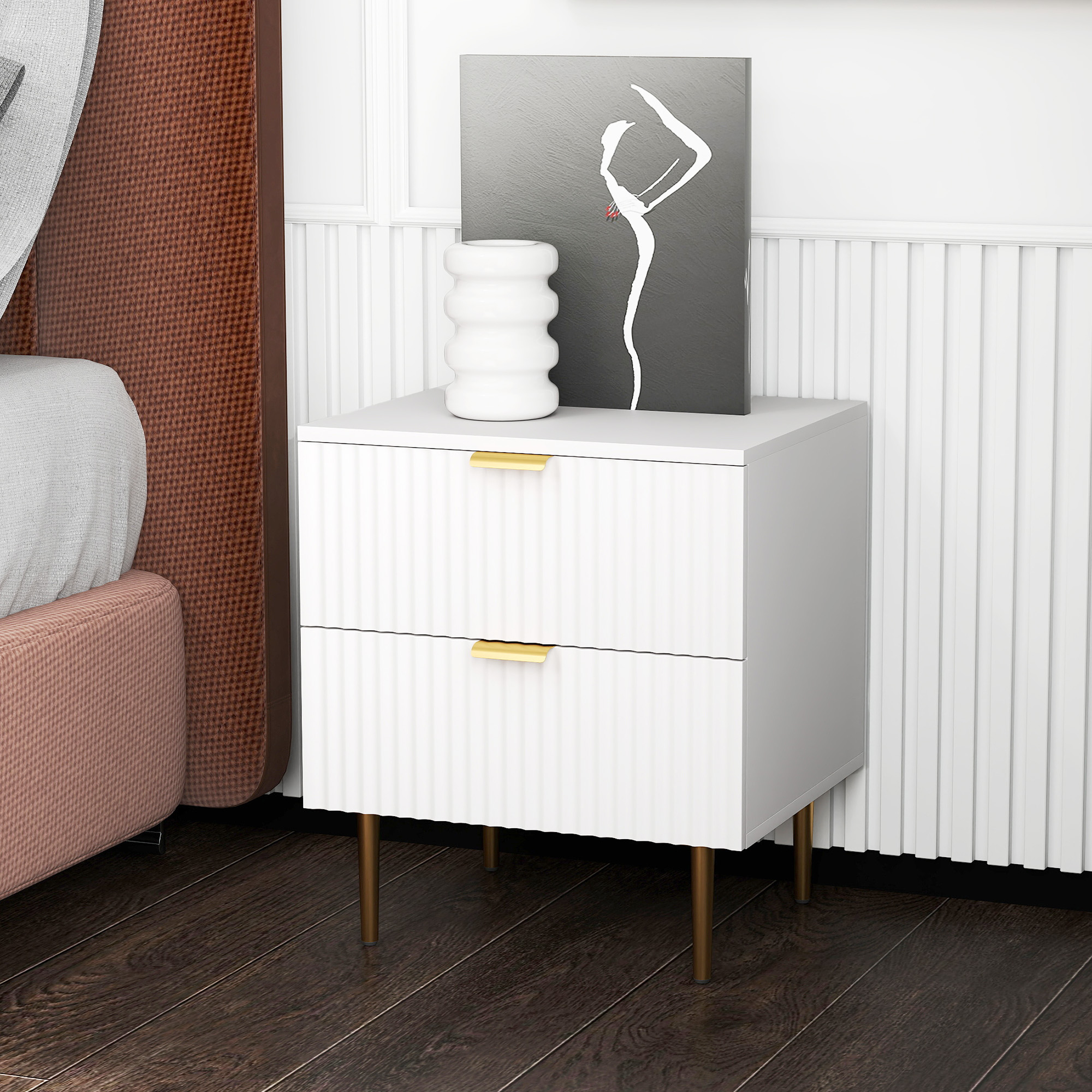 HOMCOM Bedside Table, Modern Nightstand with 2 Drawers, Side End Table with Metal Legs for Living Room, Bedroom, White Aosom Canada