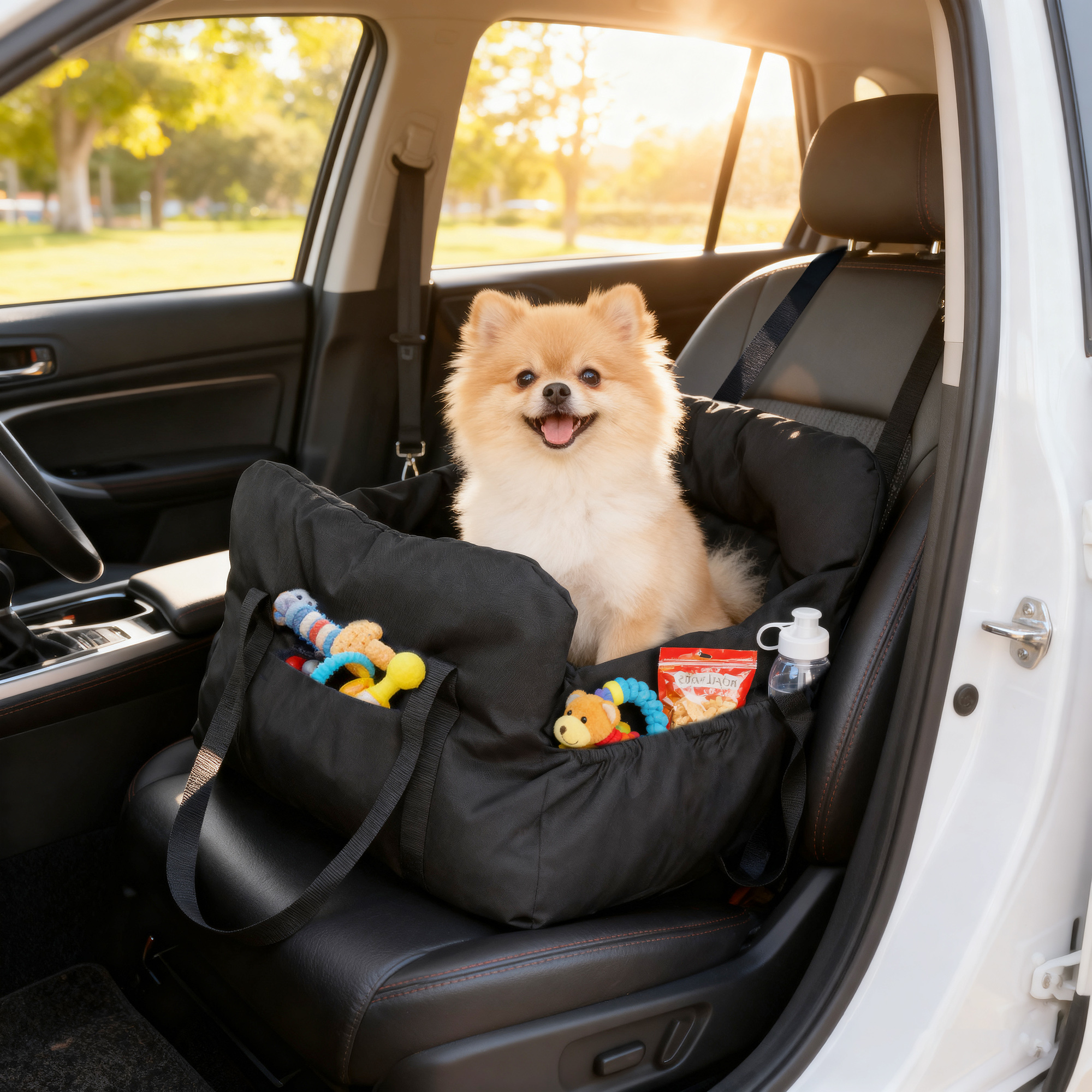 PawHut Siège auto pour chien pour petits animaux de compagnie, siège auto rehausseur pour chien avec coussin et poches de rangement, lavable en machine, couleur noir