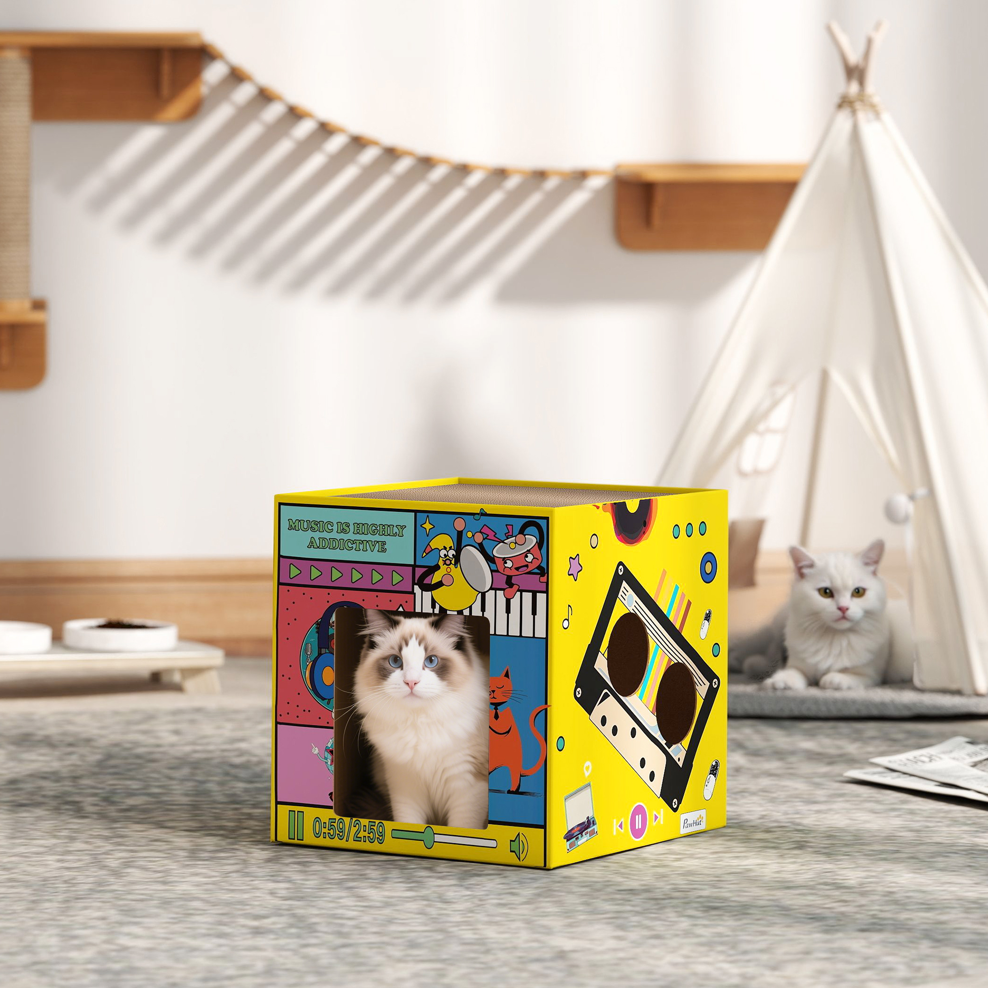 PawHut 2 in 1 Cardboard Cat House, Cat Scratcher for Indoor Cats with Scratching Board & Catnip Aosom Canada