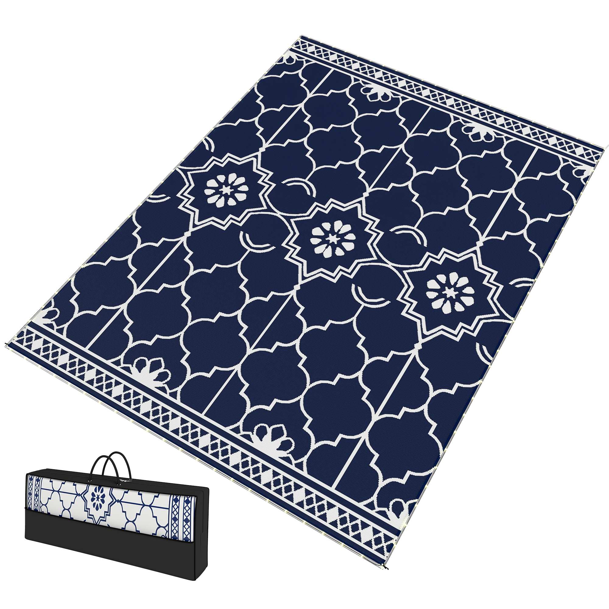 Outsunny Reversible Outdoor Rug Carpet with LED Lights, 12' x 9' PP Straw Rug with Carry Bag and Ground Stakes
