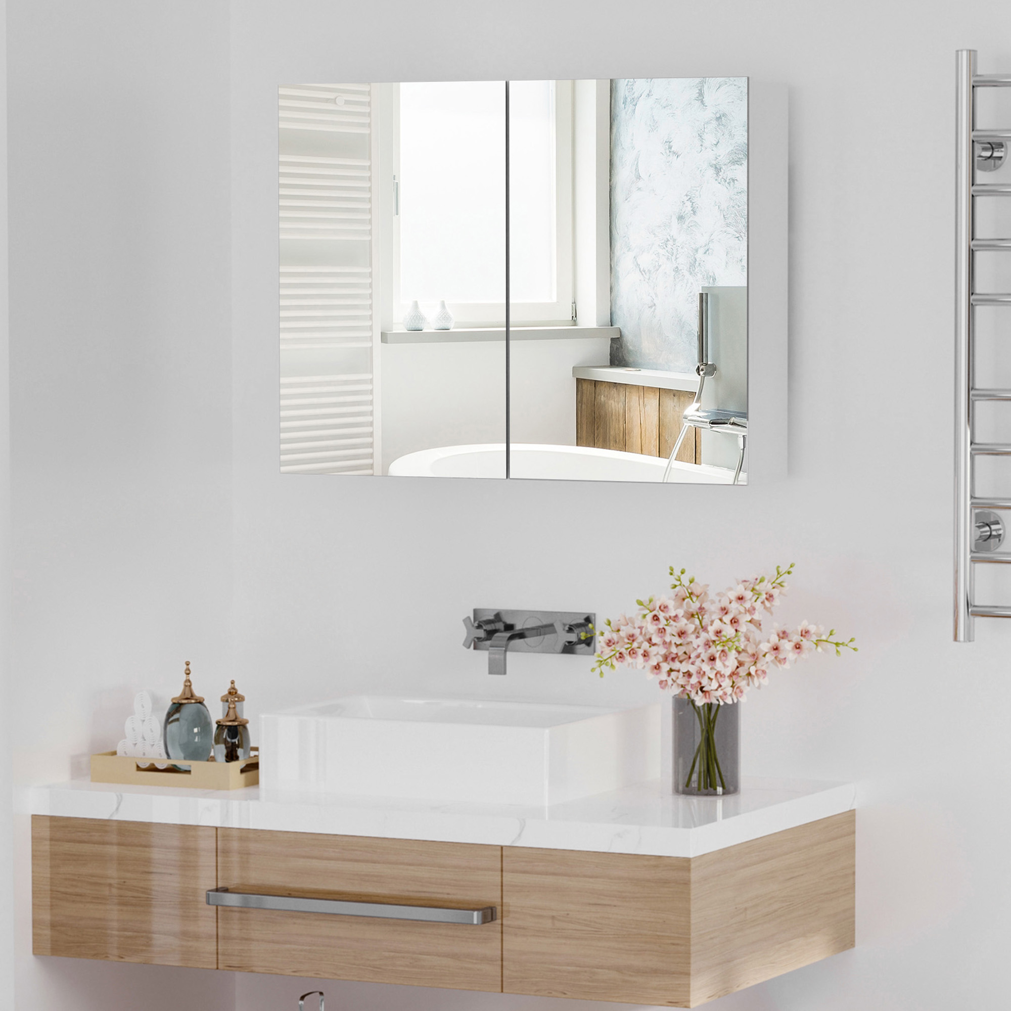 HOMCOM Wall-Mounted Bathroom Cabinet: Double Doors with Mirror, Adjustable Shelf for Storage Organization, White Finish Aosom Canada