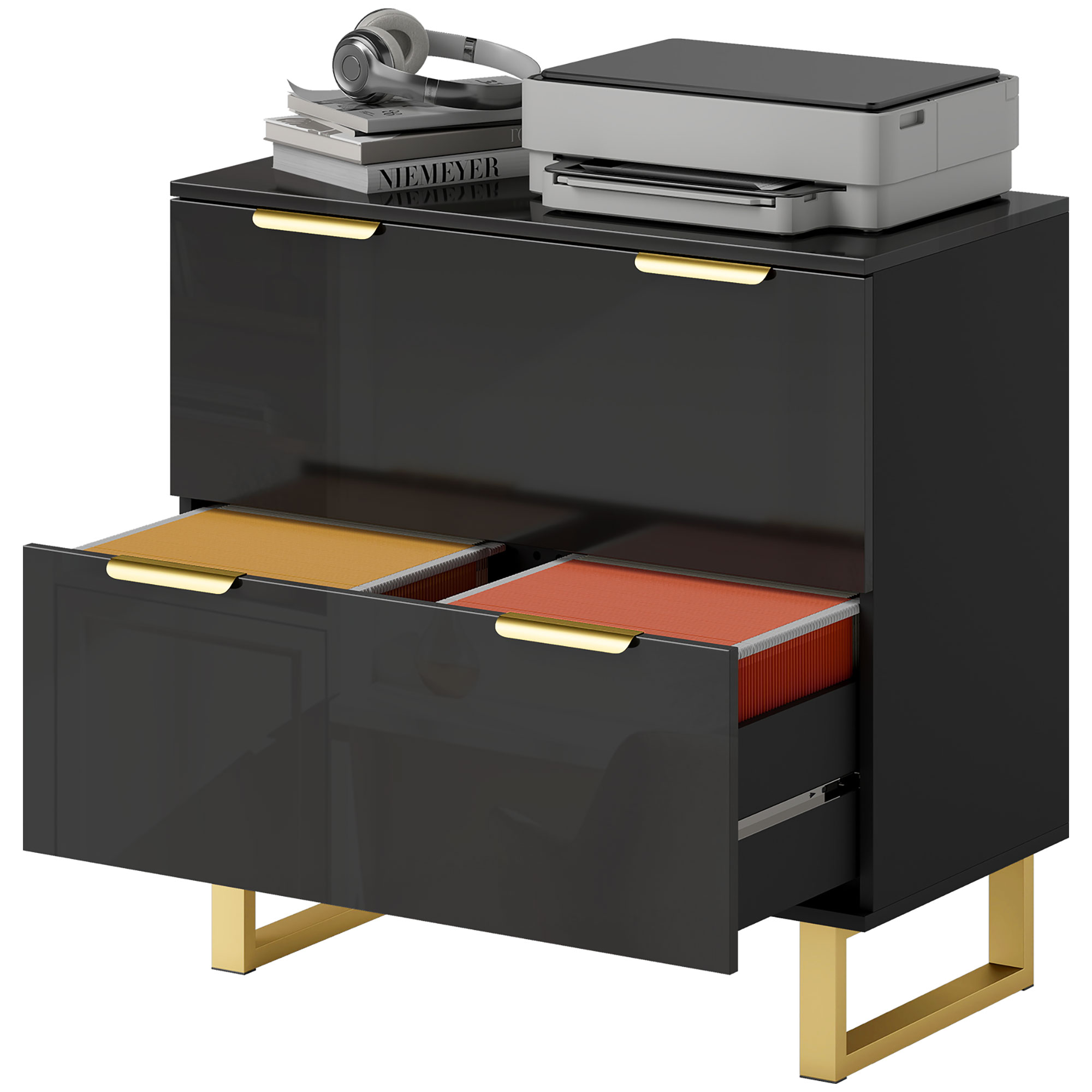 Modern Document Organizer Unit for Letter/A4/Legal Size Files, Lateral File Organizer Unit with 2 Drawers, High Gloss Black 1