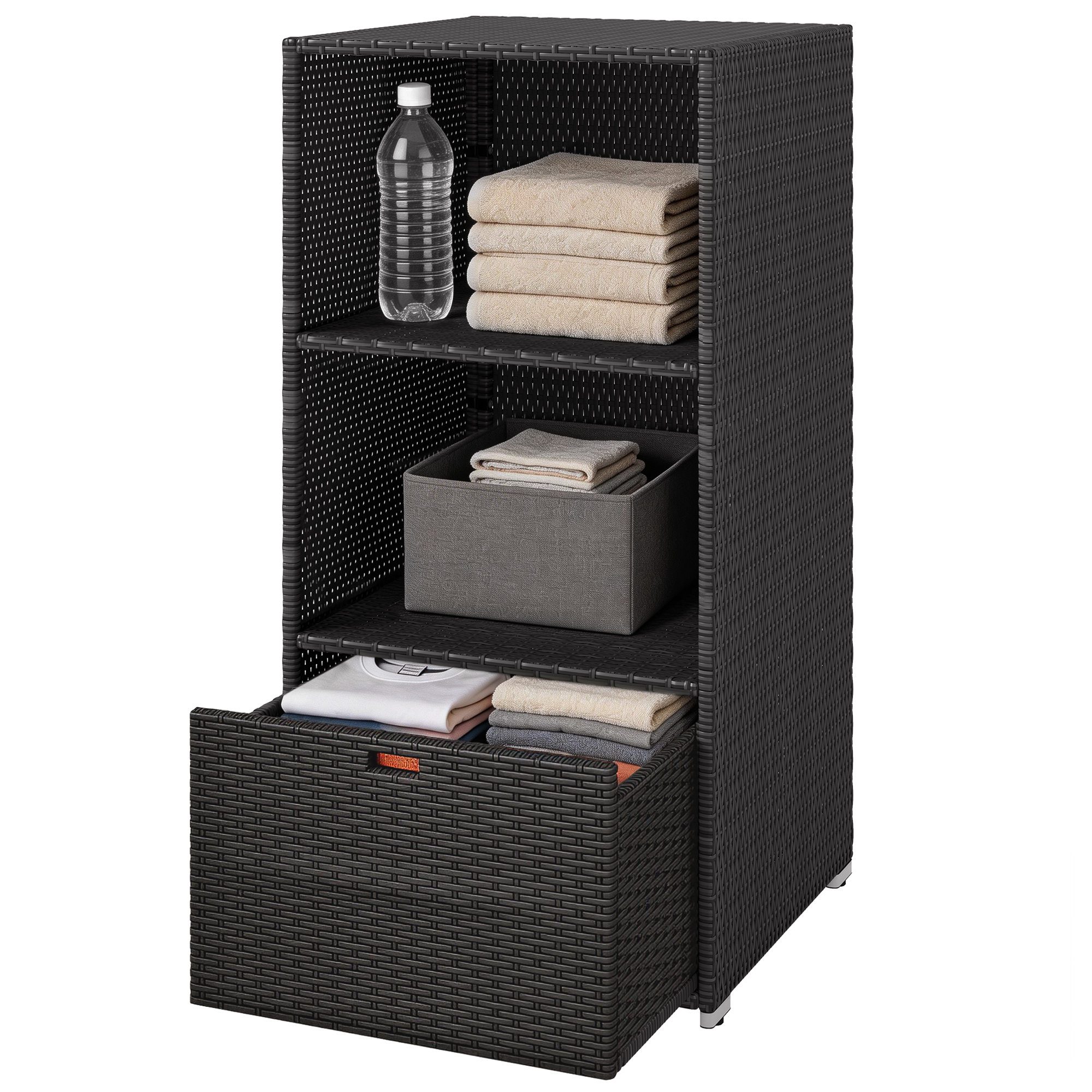 Outsunny Valet Pool Towel Rack, Water-Resistant PE Plastic Rattan Wicker Storage Organizer, 2 Shelves, 1 Basket Drawer