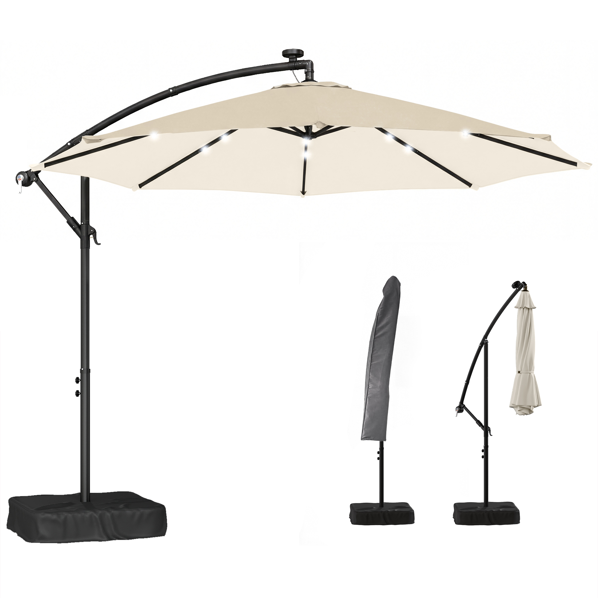Outsunny 10 ft Cantilever Patio Umbrella with Light, Weight, Offset Hanging Outdoor Umbrella with Protective Cover, Cream White