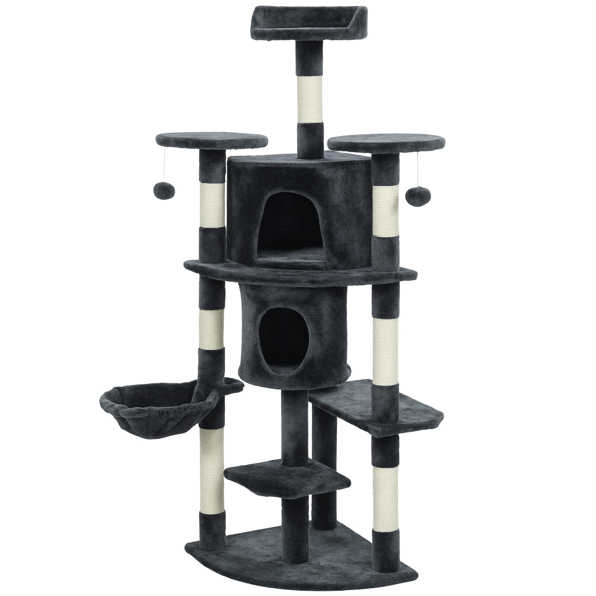 2 Condos, 62" Feline Tree with Scratching Post, Hammock, Perches, Plush, Pompoms, for Inside Cats, Dark Grey 1
