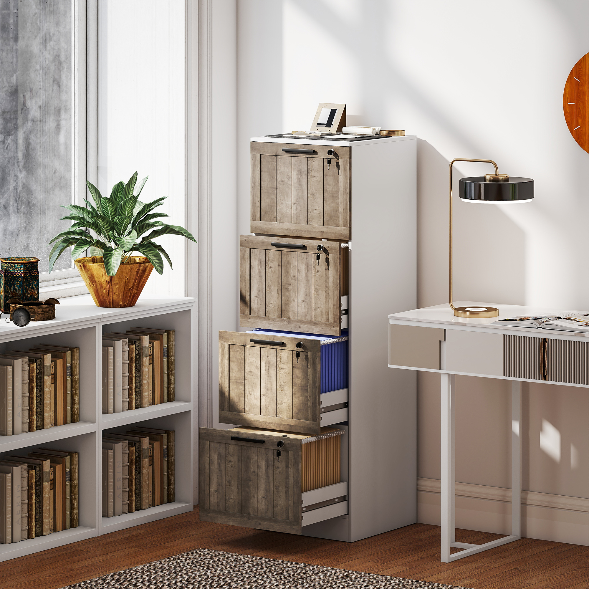 HOMCOM 4 Drawer Wood File Cabinet, Farmhouse File Cabinet with Lock, Adjustable Hanging Rails for A4 Letter Size Files, White Aosom Canada