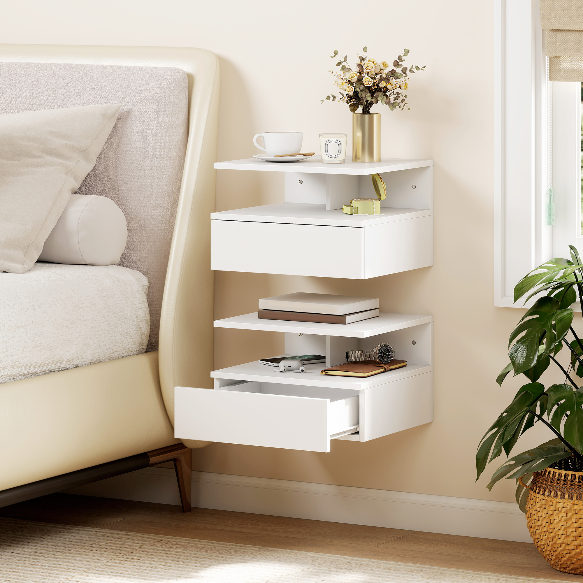 HOMCOM Set of Two Floating Bedside Tables with Drawer and Open