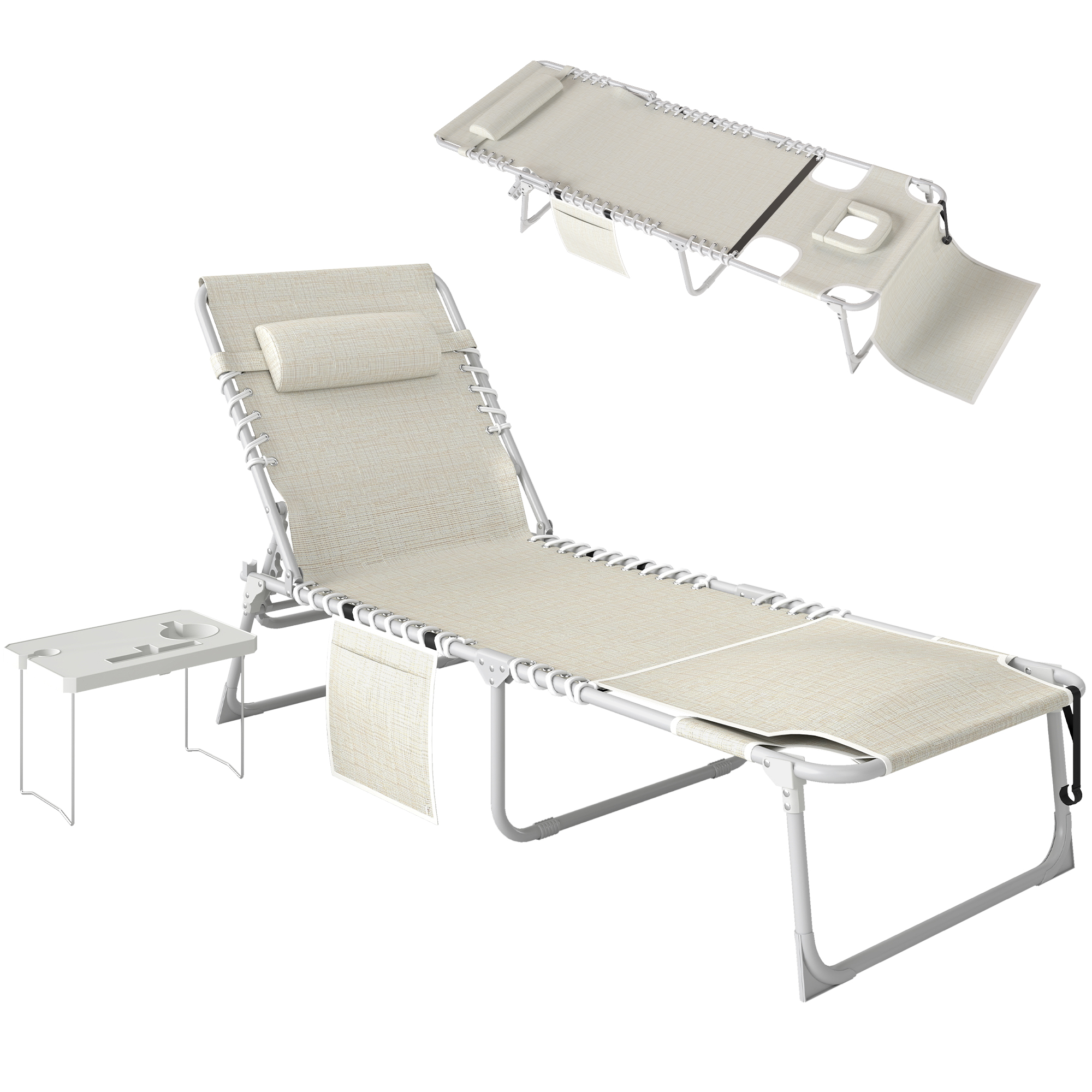 Outsunny Tanning Chair with Face Hole and Side Table, 5-Position Folding Outdoor Chaise Lounge Chair, Beige