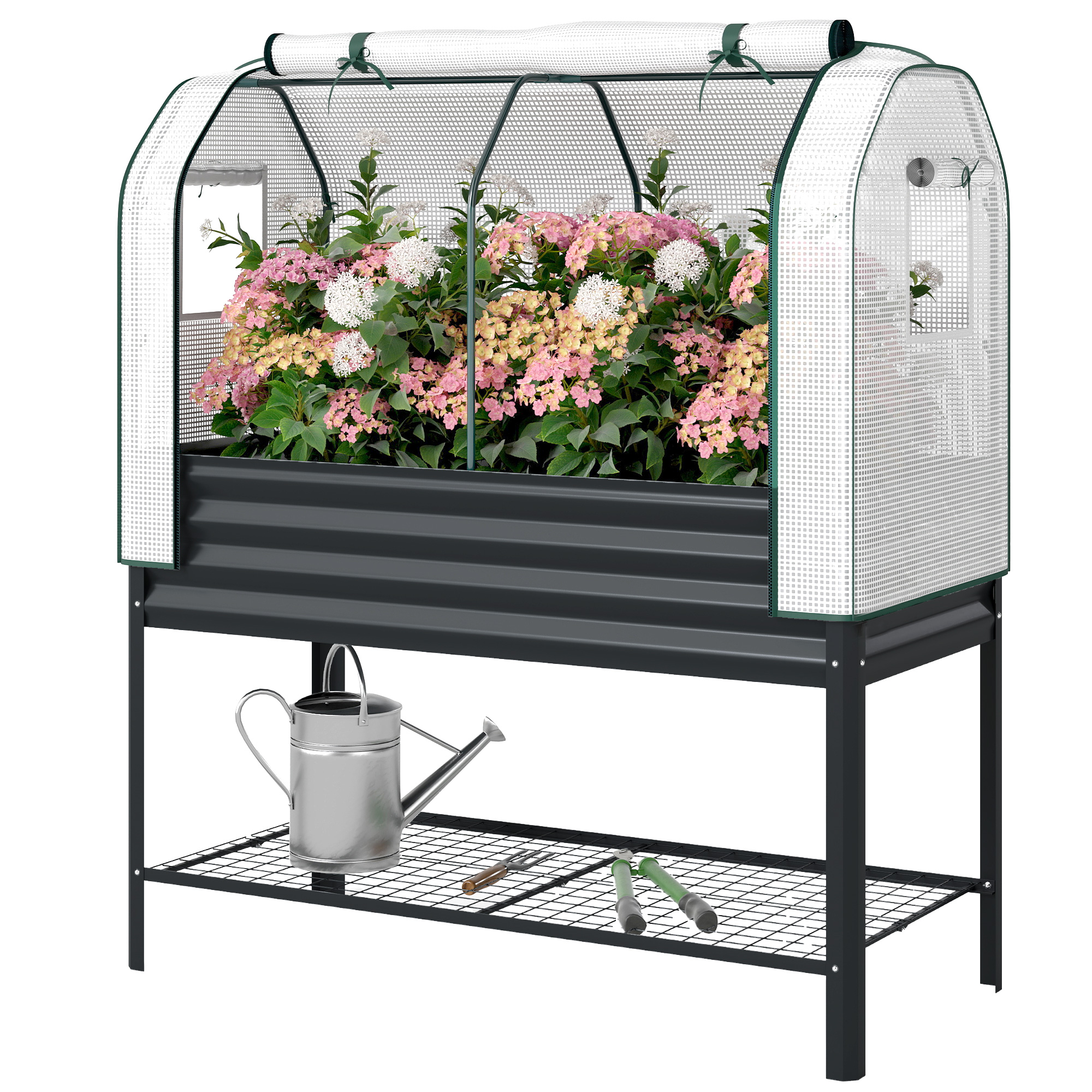 Outsunny Galvanised Raised Garden Bed with Greenhouse Cover, Metal Elevated Garden Bed with Bed Liner, Bottom Shelf, Black