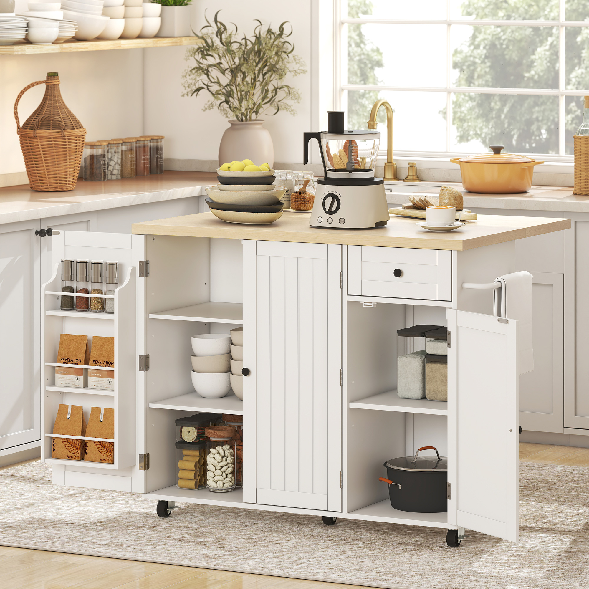 HOMCOM Kitchen Island Cart, Rolling Kitchen Island Table with Drop Leaf, Drawer, Spice and Towel Rack, White Aosom Canada