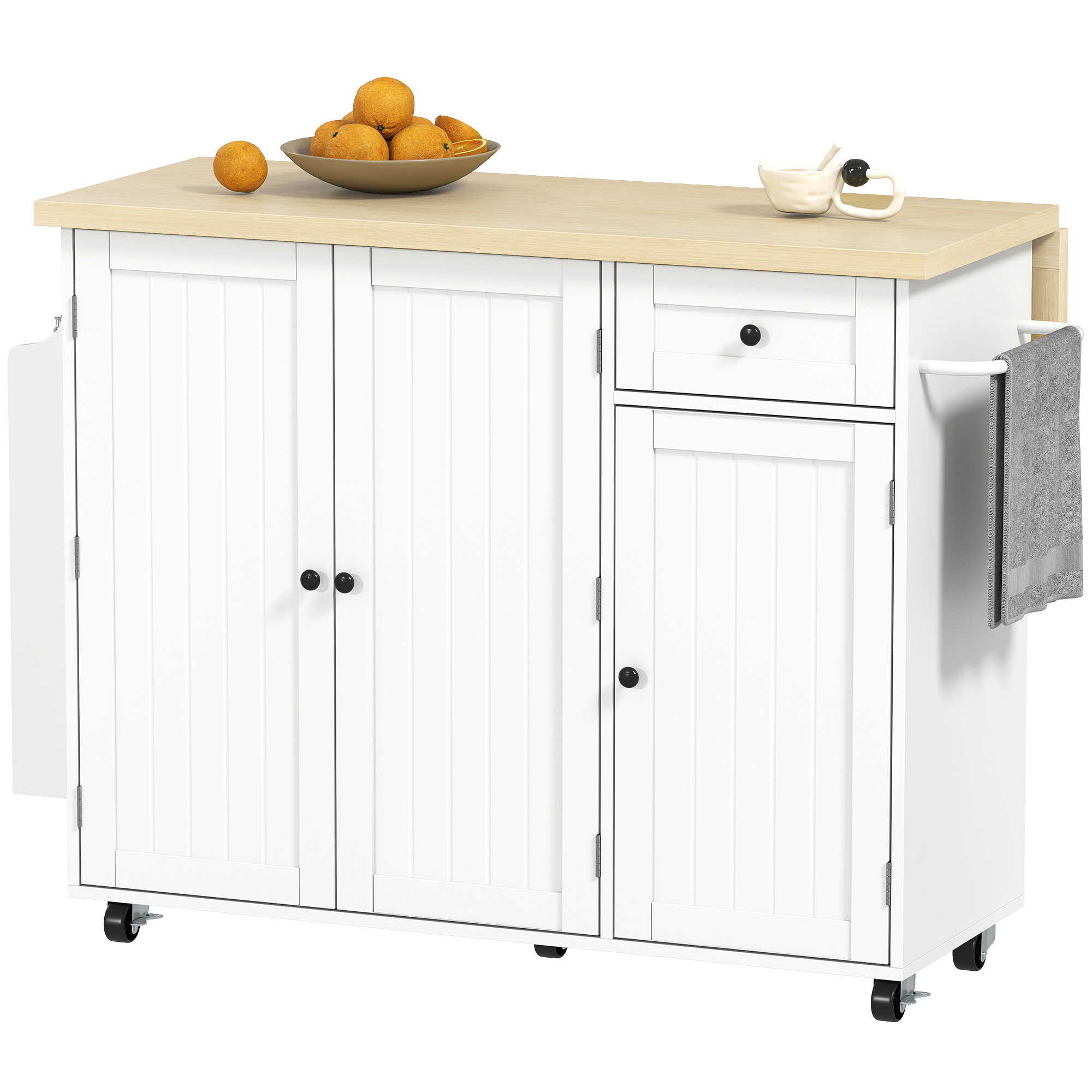 Rolling Cooking Island Surface with Drop Leaf, Cooking Island Cart, Organizer Drawer, Spice and Towel Holder, White 1