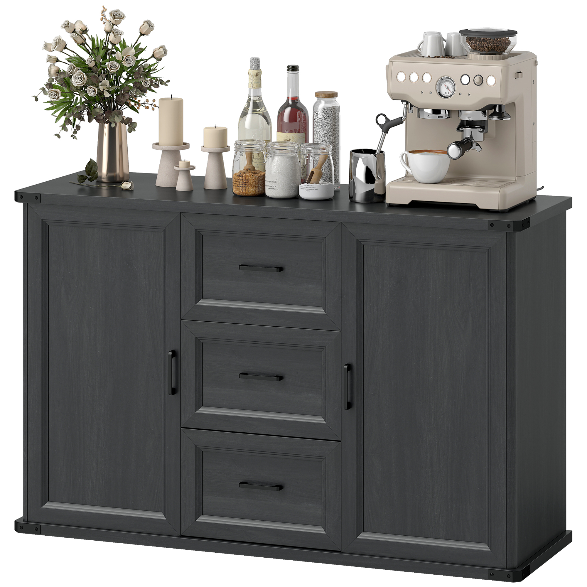47" Buffet Organizer Unit with Adjustable-Height Shelves for Cooking, Sideboard with 3 Drawers and 2 Doors, Black Wood Grain 1