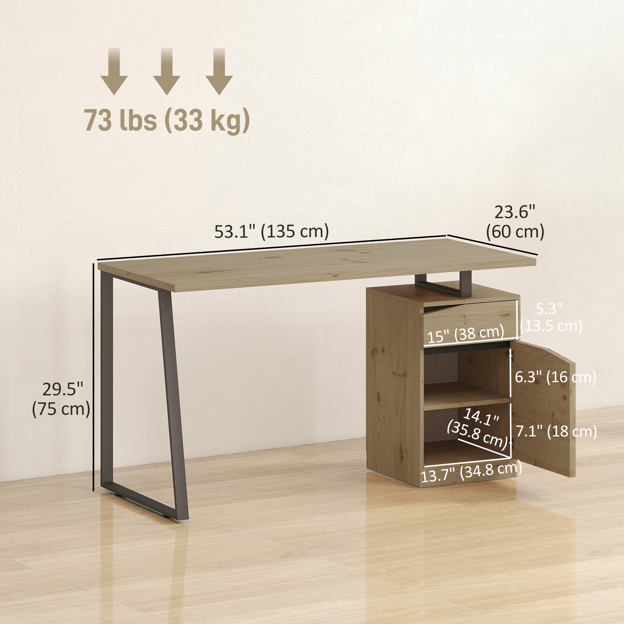 HOMCOM 53 Inch Computer Desk, Writing Table with Cabinet, Drawer