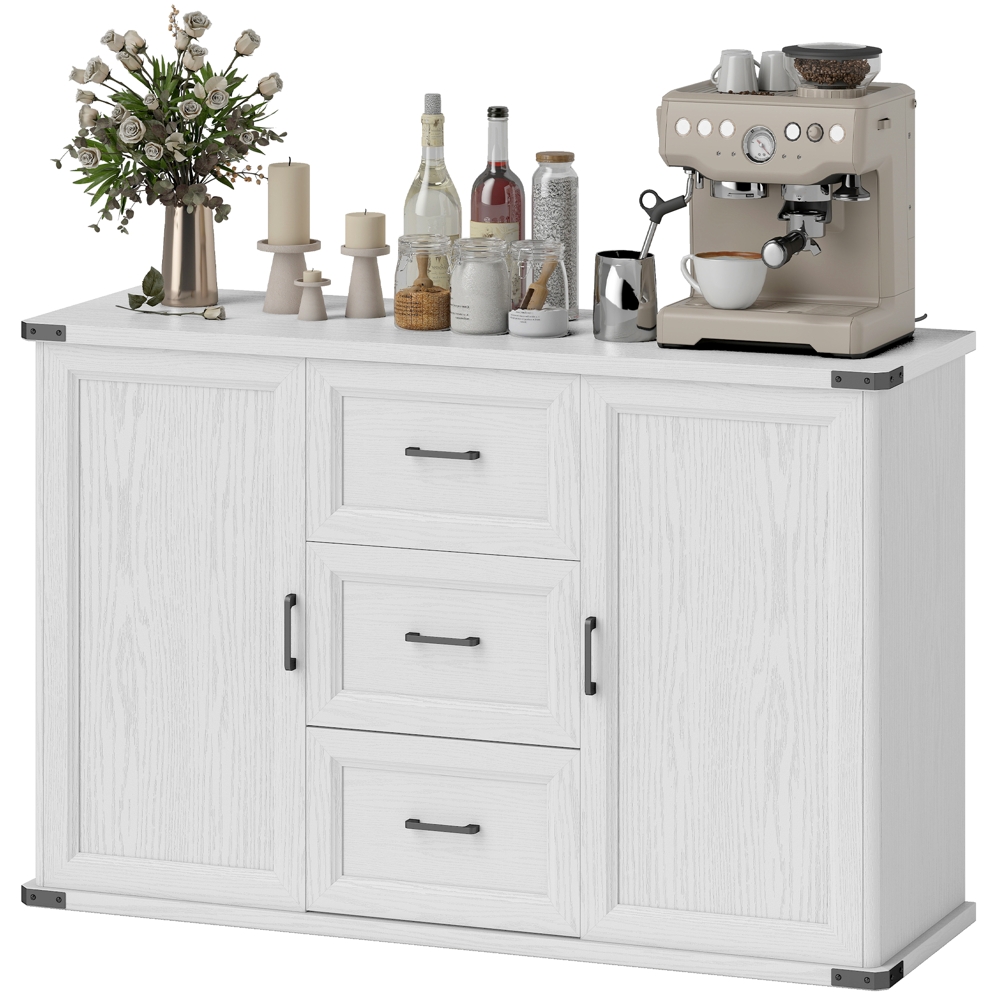 47" Buffet Organizer Unit with Adjustable-Height Shelves for Cooking, Sideboard with 3 Drawers and 2 Doors, White Wood Grain 1