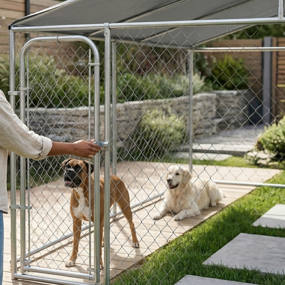 Outdoor Galvanized Steel Dog Fence with Cover 13' x 13' x 7.5