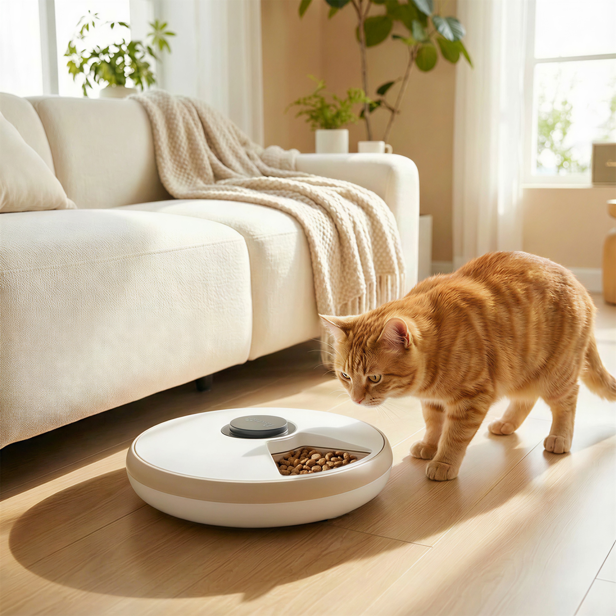 PawHut Mangeoire Automatique pour Chat pour Aliments Secs et Humides Distributeur de Nourriture pour Chien et Chat chronométré avec 6 Plateaux 1 Bloc de Glace Alimenté par Batterie Marron Clair