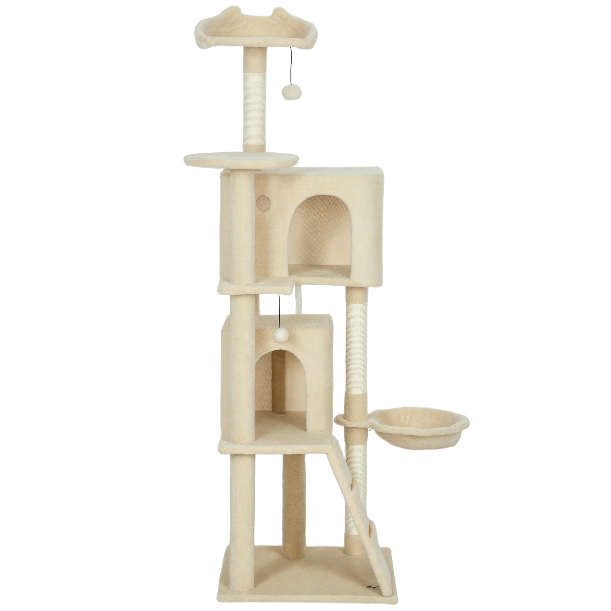 Condos, 63 Inch Feline Tree with Sisal Scratching Posts, Plush Perches, Hammock, Ladder, Dangling Balls, Beige 1
