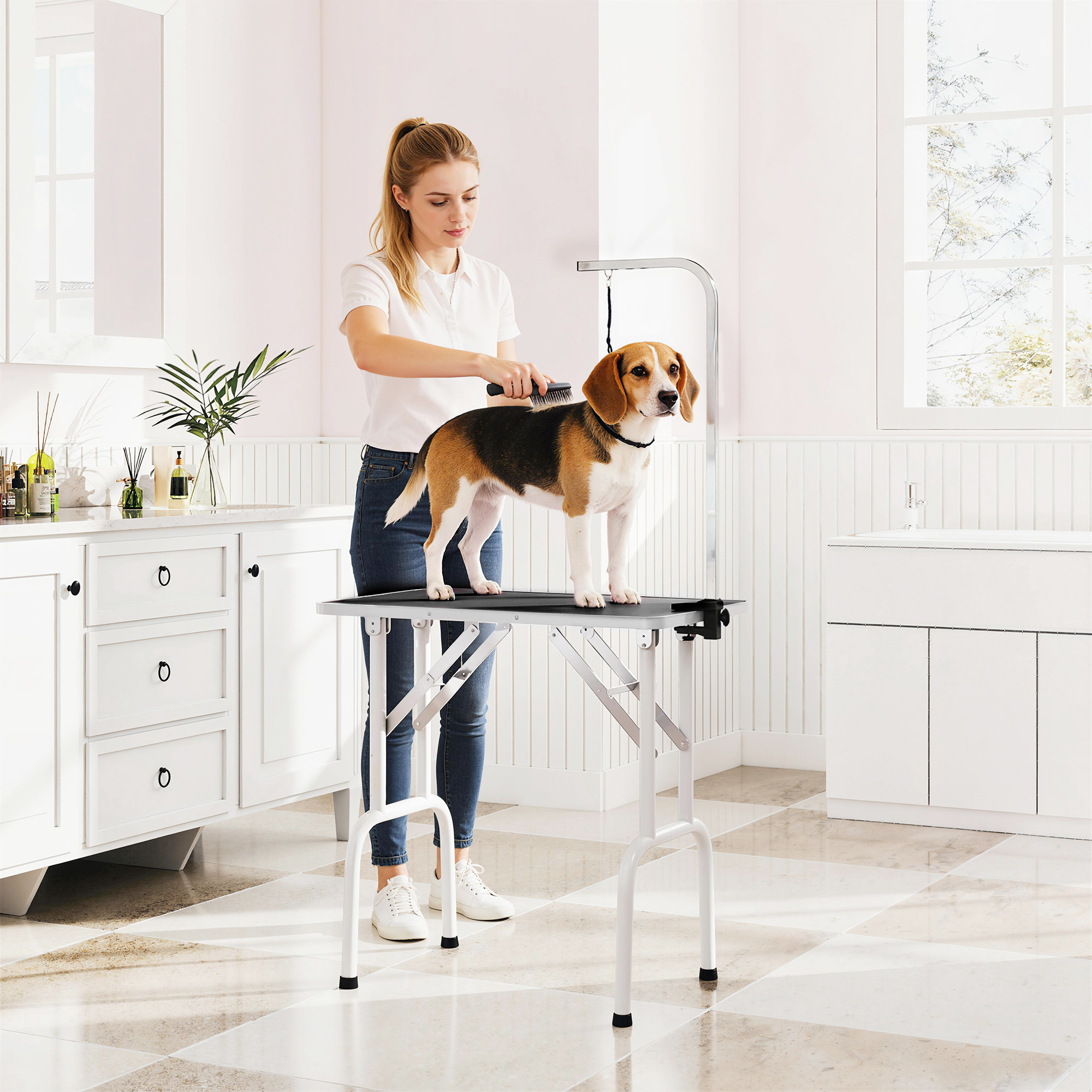 PawHut Foldable Pet Grooming Table for Dogs Cats with Adjustable Arm, Non-slip Surface, Black Aosom Canada
