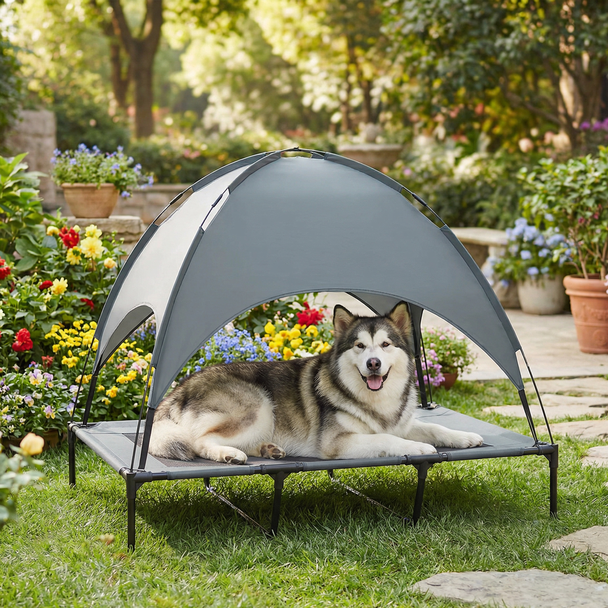 PawHut Portable Pup Pavilion: Elevated Dog Bed with Canopy, Indoor/Outdoor Shelter Design, Grey Tone Aosom Canada