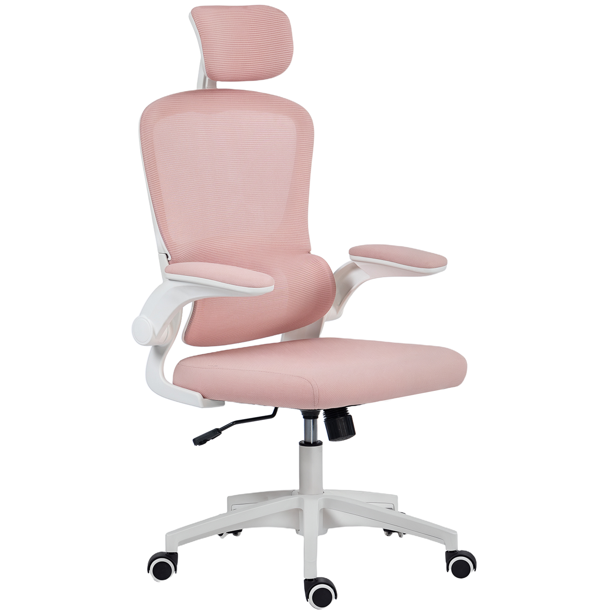 High Back Work Table Seating with Rotatable Head Support, Supportive Mesh Workspace Seating, Flip-Up Arm Supports, Lower-Back Support, Pink 1