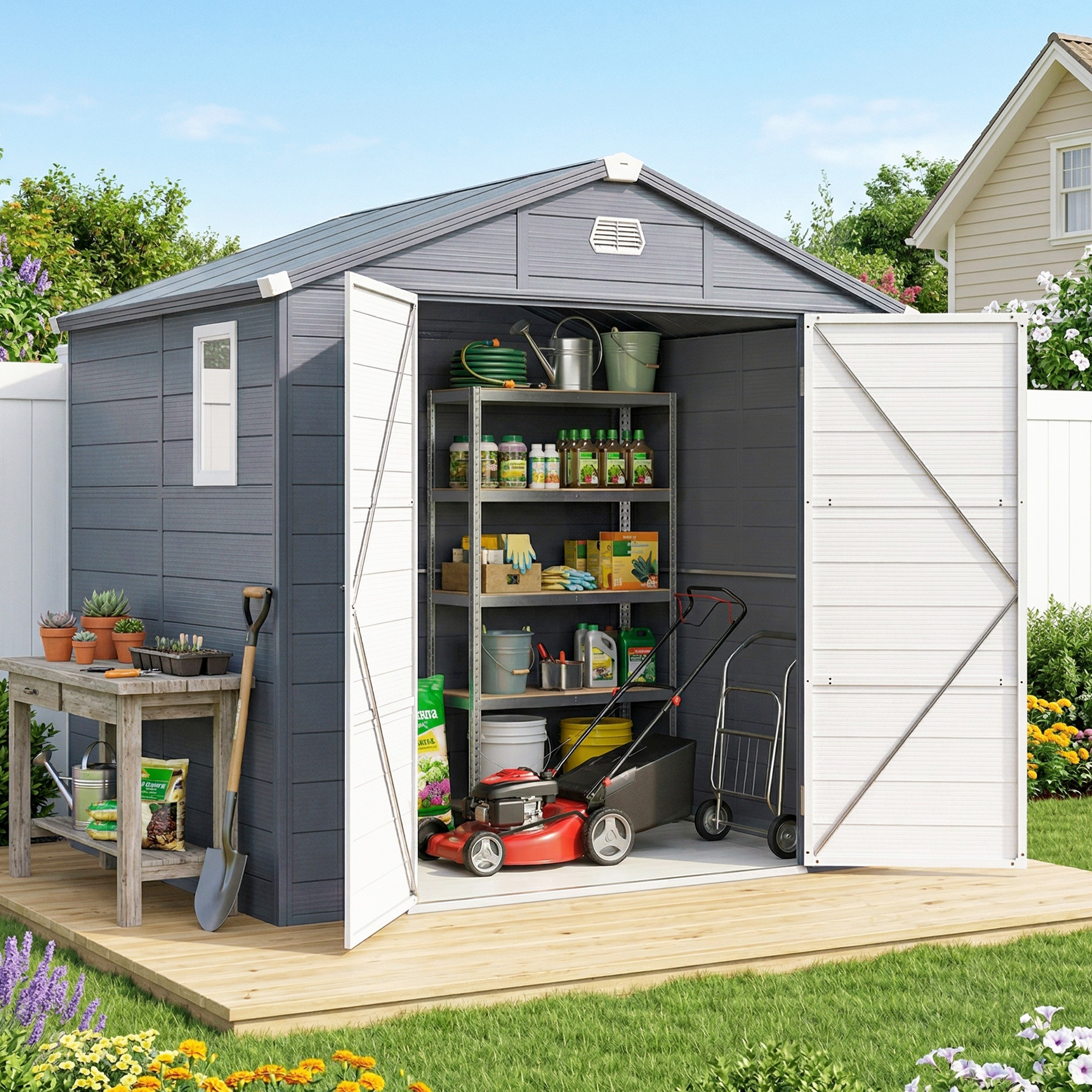 Outsunny 8x6 Plastic Garden Shed with Sloped Roof, Dark Grey