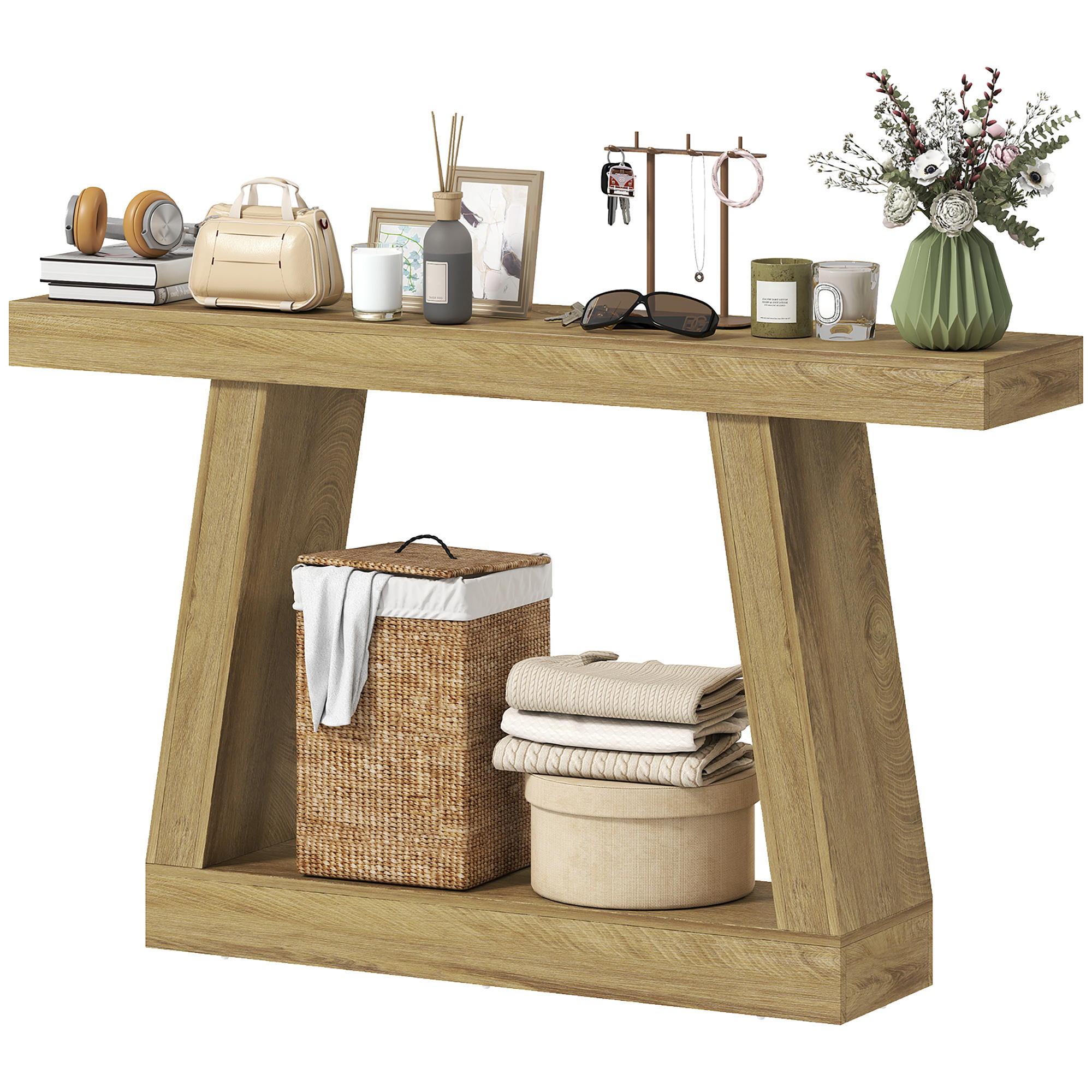 2-Tier Entryway Surface with Organizer for Hallway, 55" Farmhouse Console Surface, Living Room, Behind Sofa, Oak 1