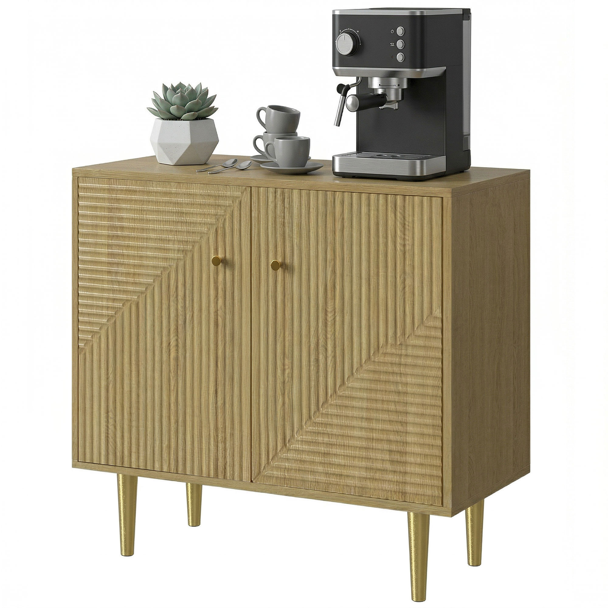Buffet Organizer Unit with 2 Doors and Gold Steel Legs for Meal Room, Sideboard with Adjustable-Height Shelving, Oak 1