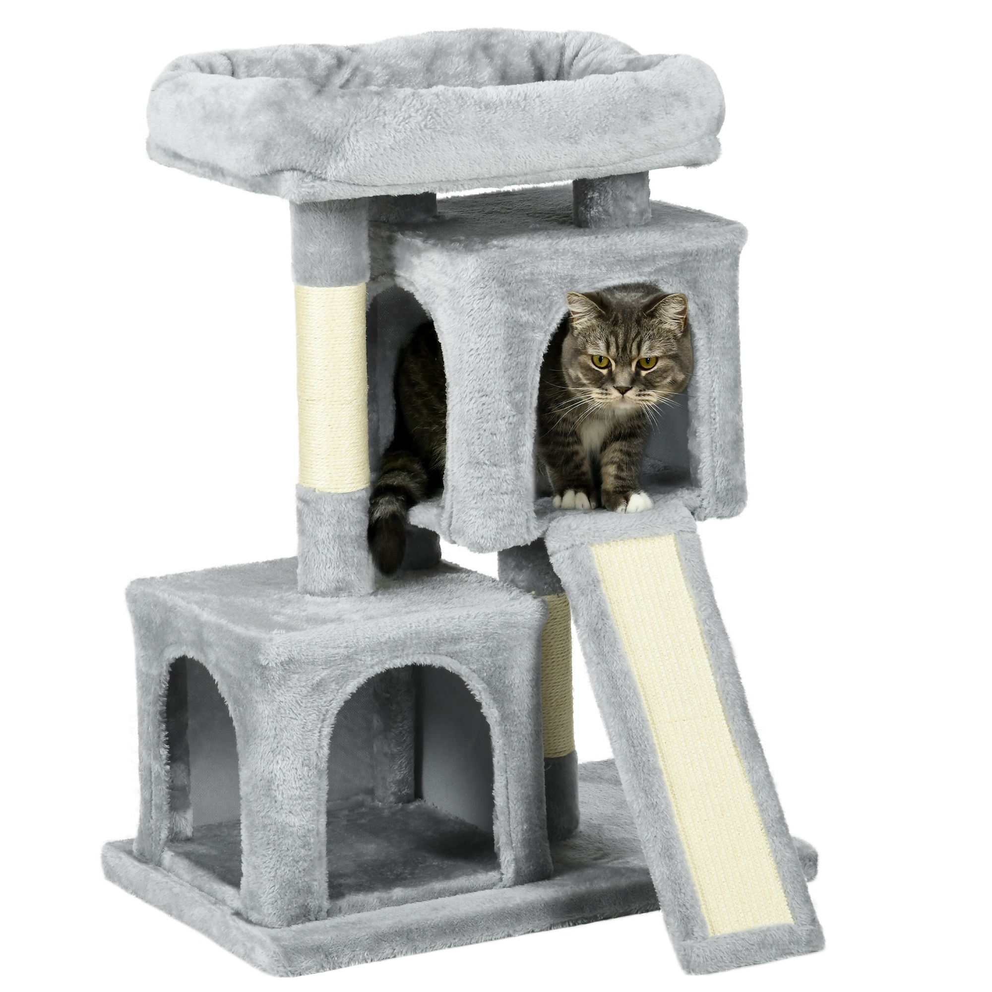 Plush Feline Tree Tower Activity Center with Sisal Scratching Post Scratching Board Perch Condo, Lightweight Grey 1