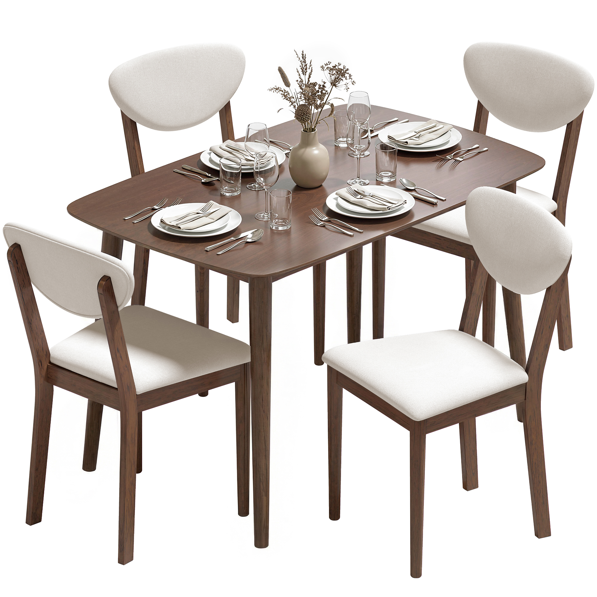 HOMCOM 5-Piece Dining Table Set for 4, Mid-Century Modern Kitchen Table and Chairs, Cream White