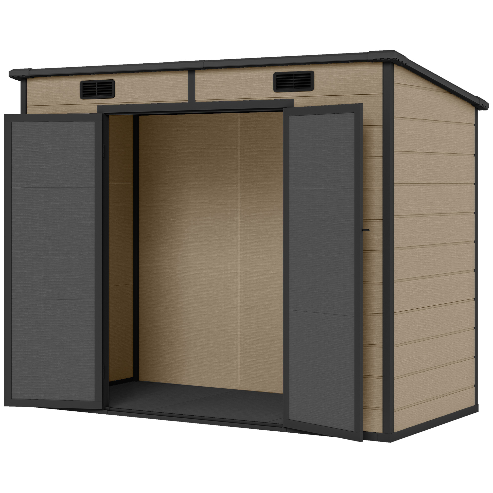 Outsunny 8' x 4' Plastic Outdoor Storage Shed with Floor, Window, Lockable Doors and Vents for Backyard Patio Lawn, Light Brown