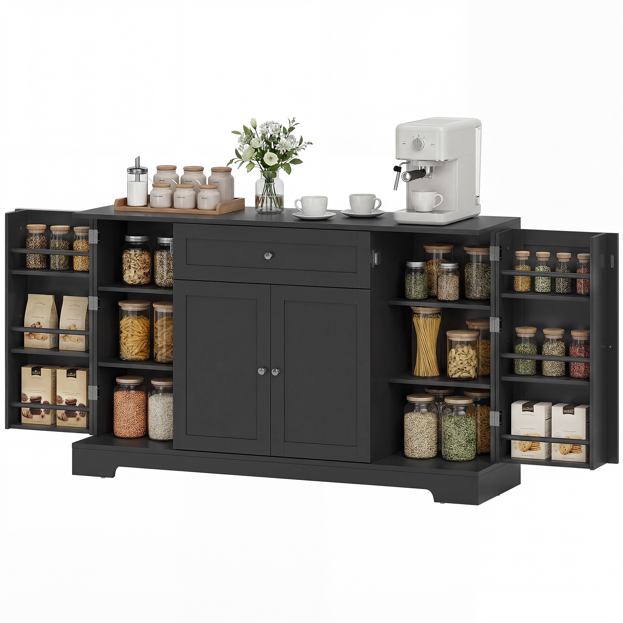 Adjustable-Height Shelves, 55" Modern Cooking Organizer Organizer Unit with Organizer Drawer, Compact Cooking Pantry with Entry Racks, Black 1