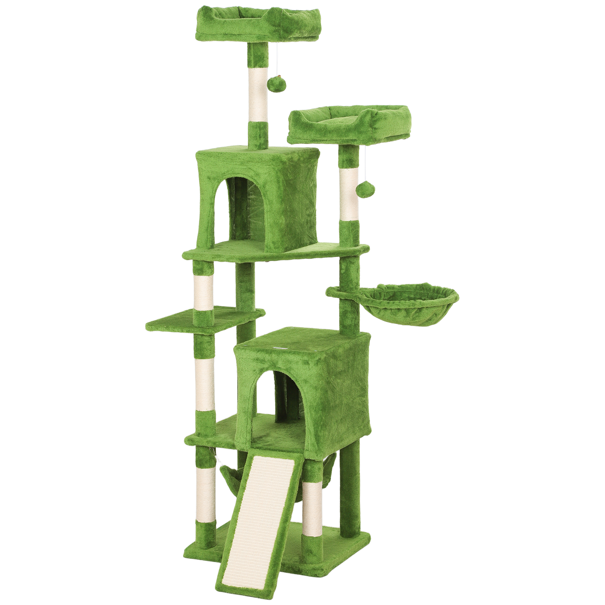 70" Multi-Level Feline Tower with 2 Condos, Feline Tree, 2 Perches, Hammock, Plaything Balls, Scratching Posts and Board, Green 1