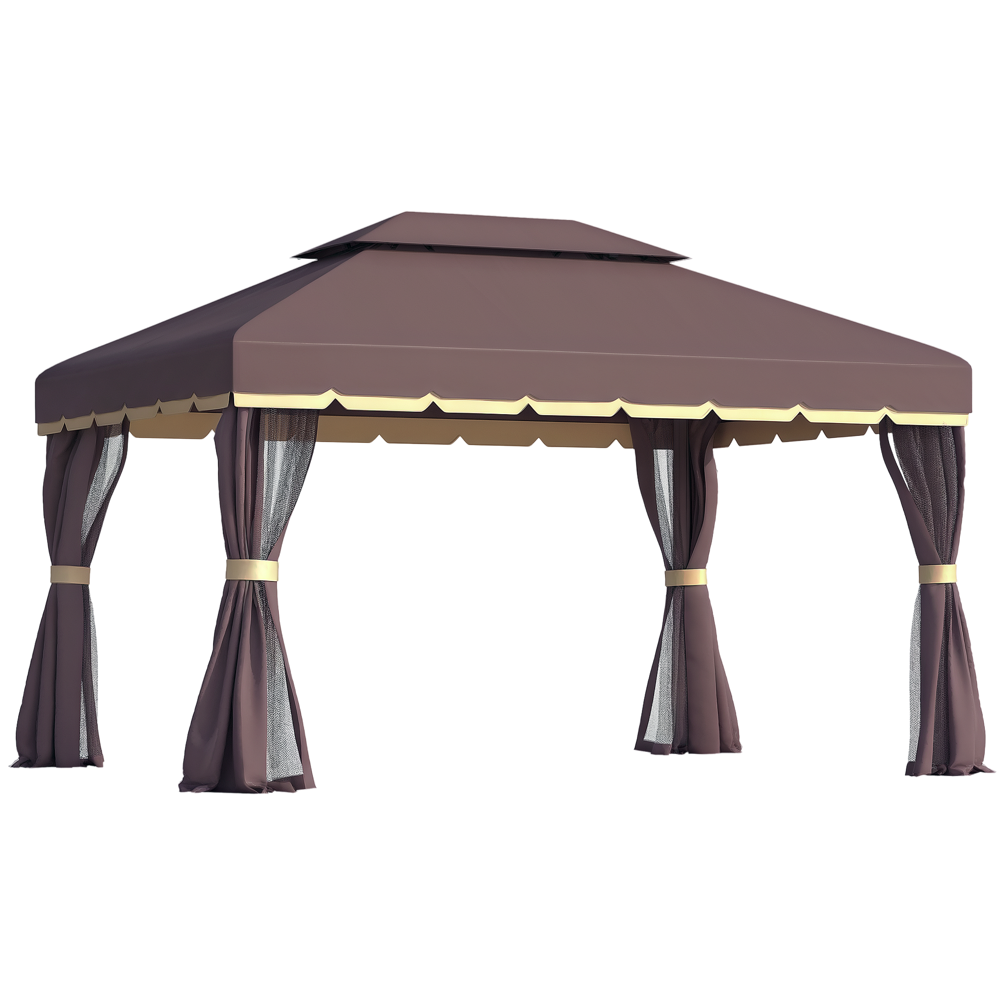 Outsunny 10'&nbsp;x&nbsp;13' Patio&nbsp;Gazebo,&nbsp;Aluminum Frame Double Roof Outdoor Gazebo Canopy Shelter with Netting & Curtains, Coffee