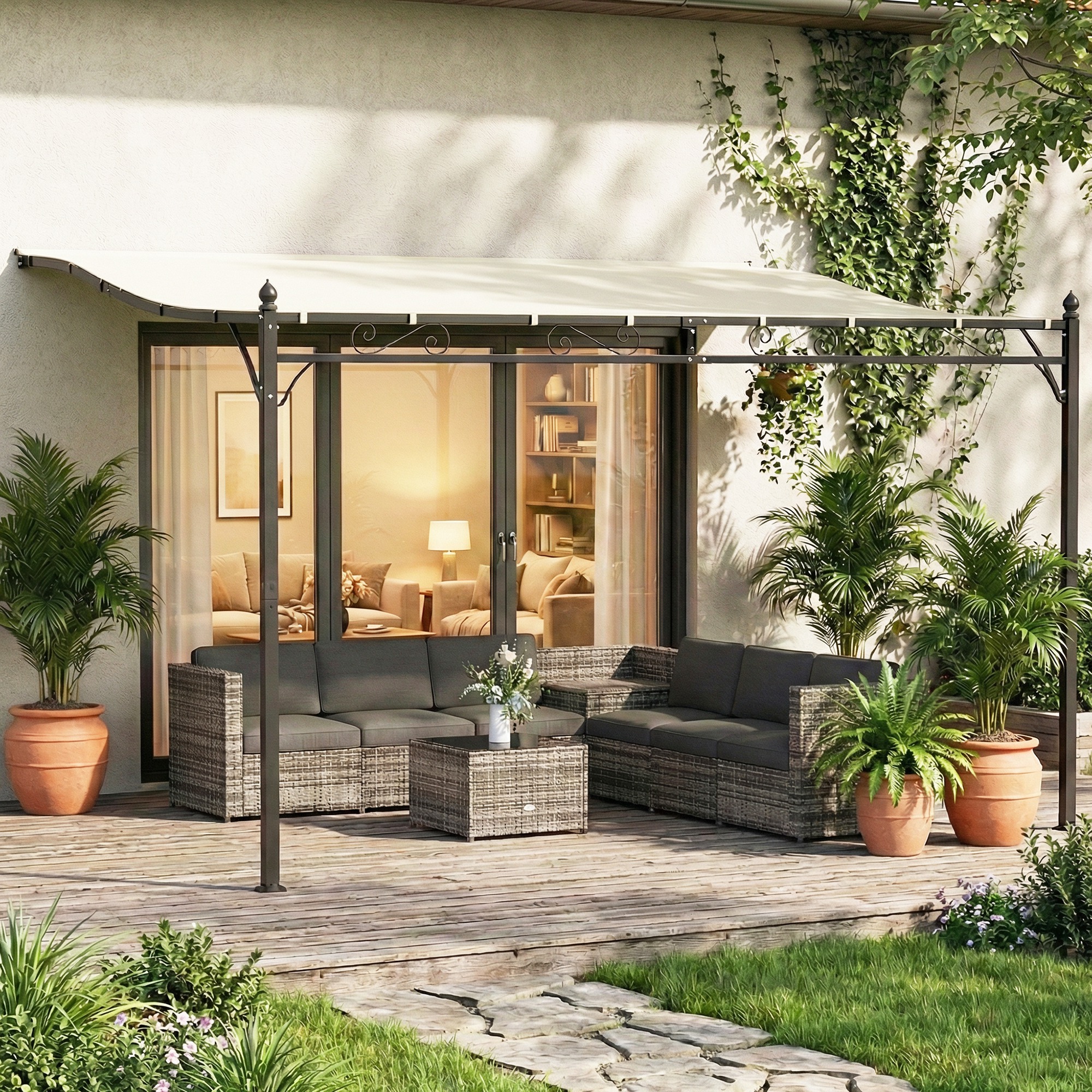 Outsunny 11.5' x 8.2' Outdoor Pergola, Wall Mounted Lean to Pergola with Metal Frame, UPF30+, Garden Gazebo Aosom Canada