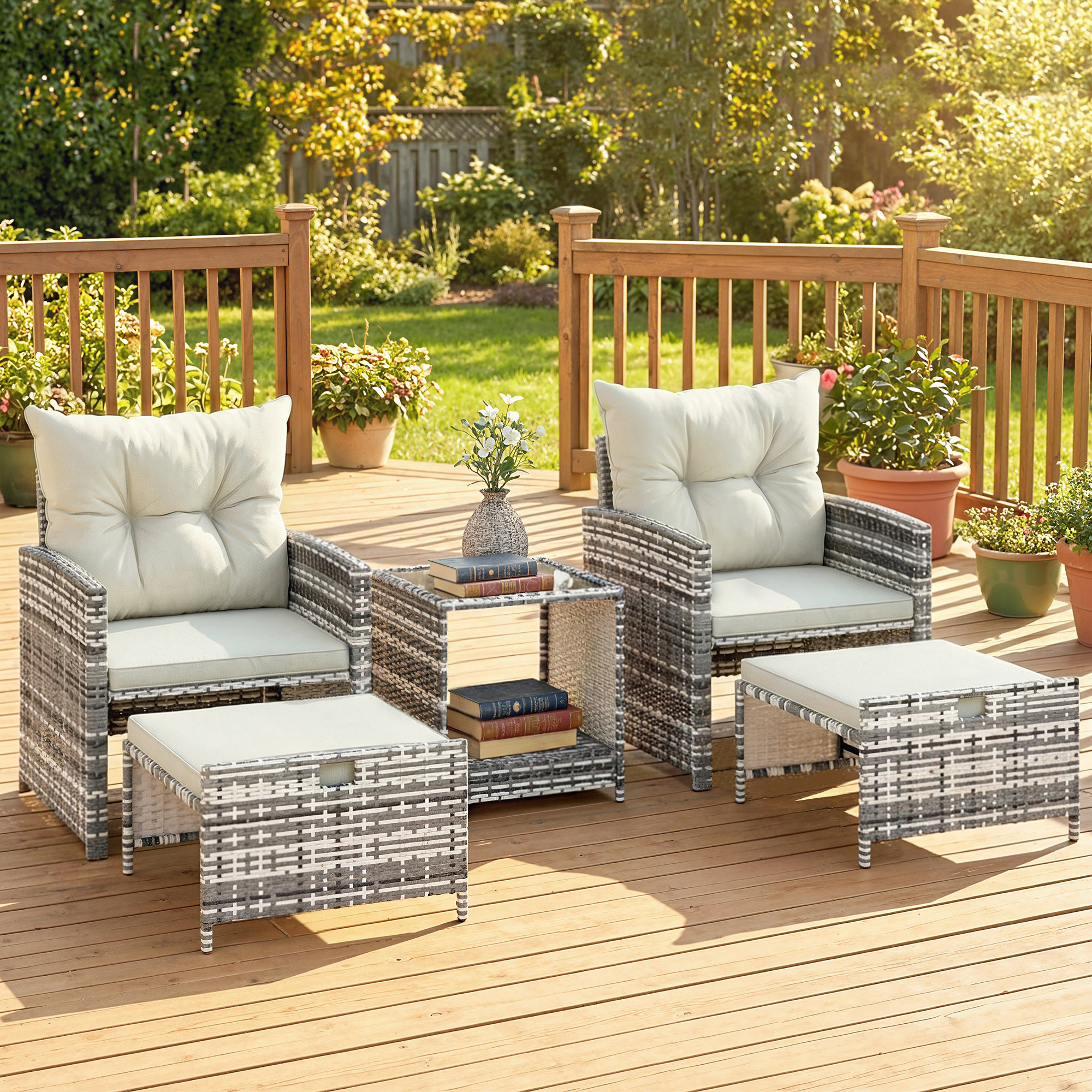 Outsunny 5 Piece Patio Furniture Set Wicker Chairs Ottomans 2-Tier Glass Coffee Table Cushions Outdoor Conversation Set Grey Aosom Canada