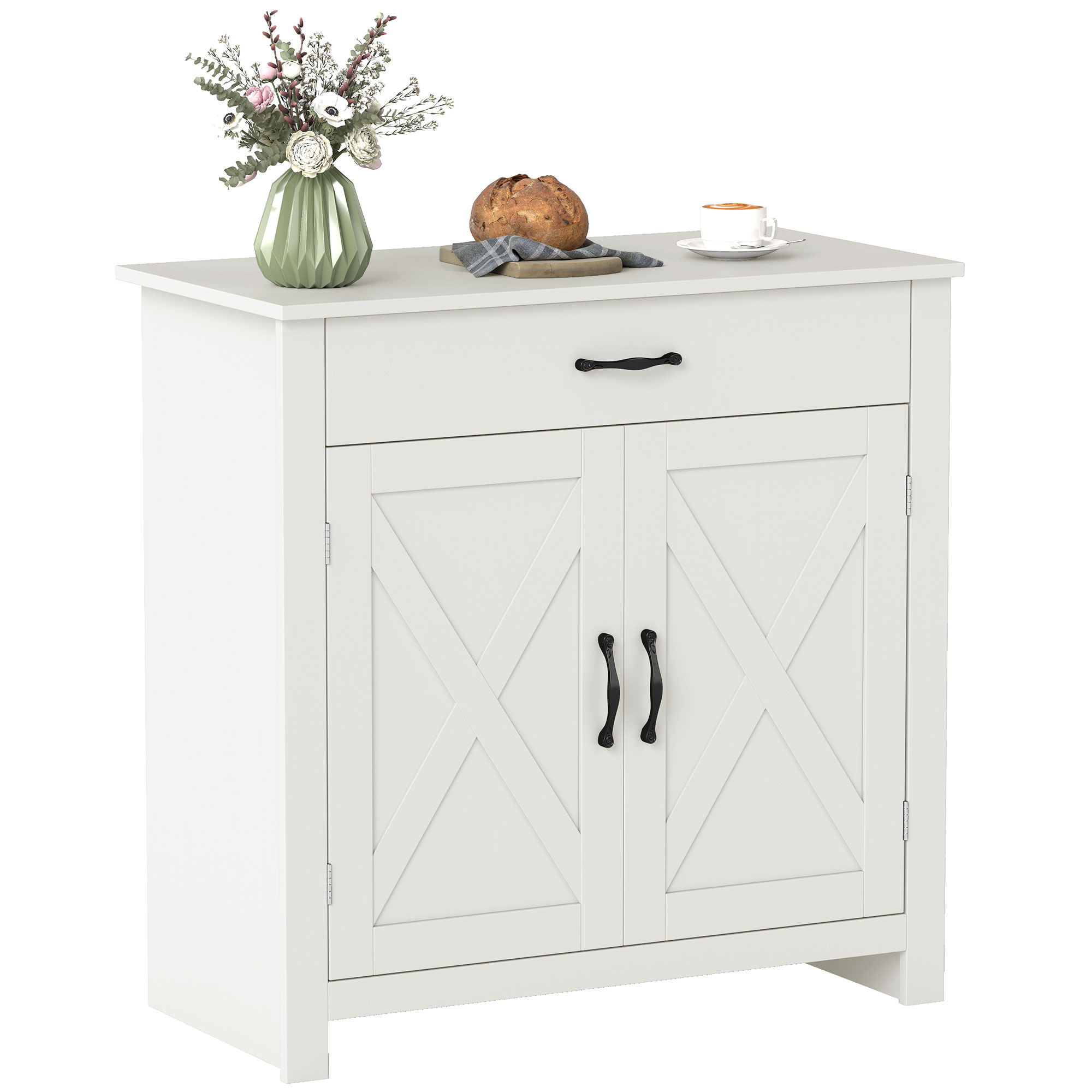 HOMCOM Farmhouse Sideboard Cabinet with Barn Doors Kitchen Buffet Cabinet with Drawer and Adjustable Shelf Stone White Wash