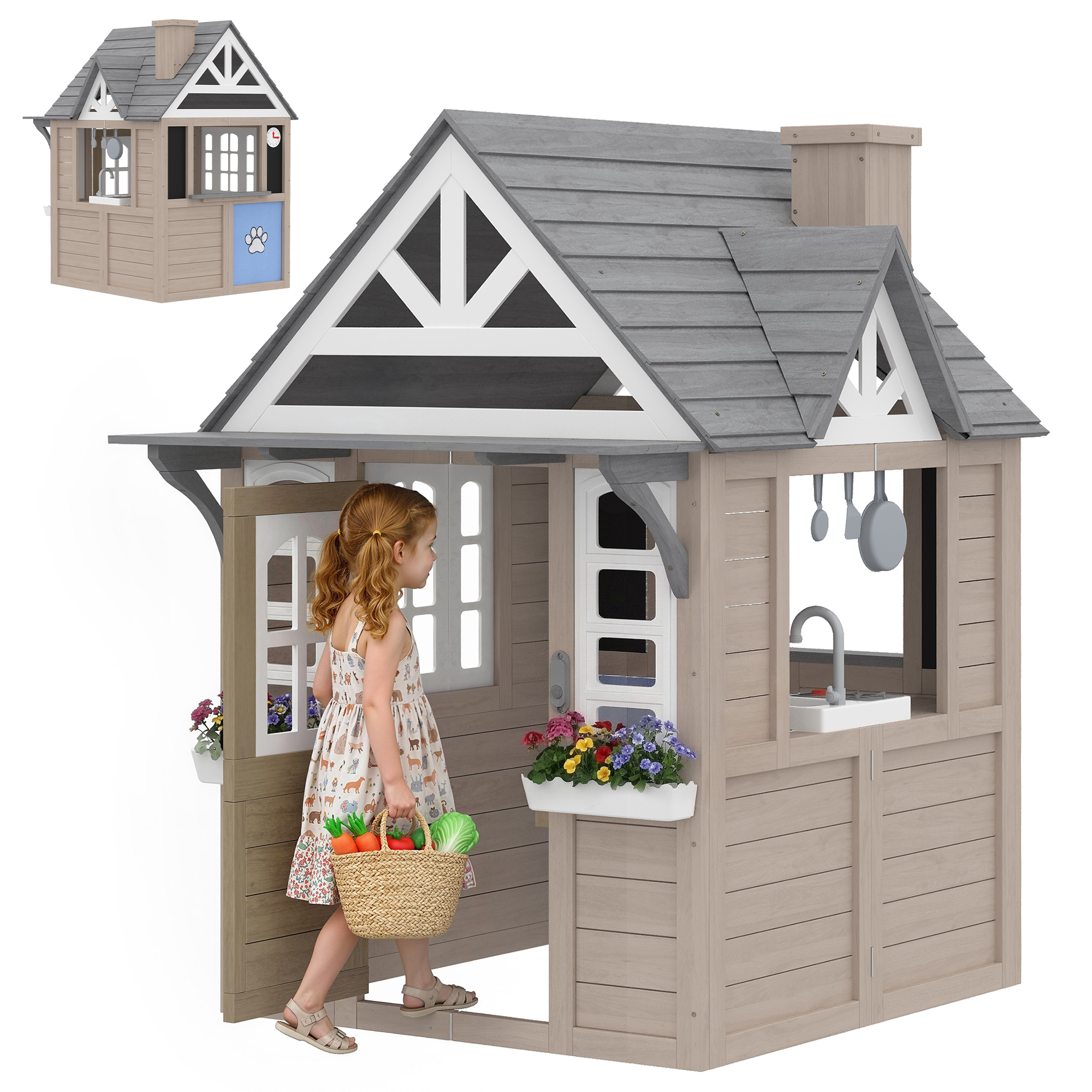 Qaba Outdoor Playhouse, Wooden Kids Playhouse with Dog Door, Cookware, Planter Box, Bell, Blackboard, Clock for Backyard