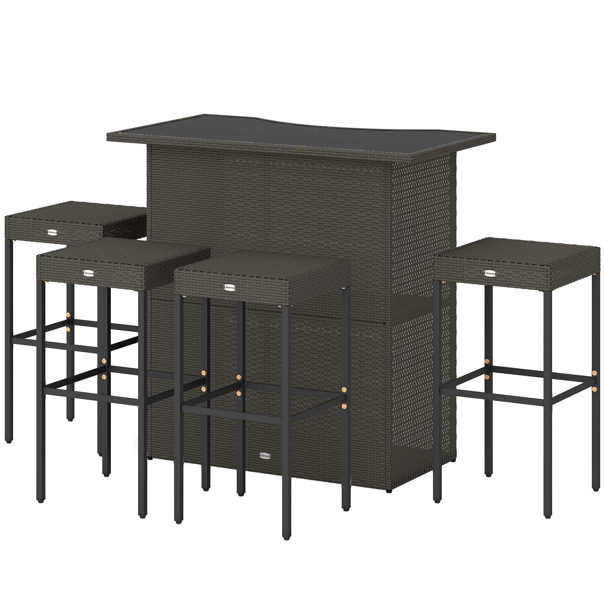 Outsunny 5 Piece Rattan Wicker Bar Set, High Top Outdoor Table and Chairs, Bar Height Patio Set, 2 Shelves & 4 Bar Stools, Brown