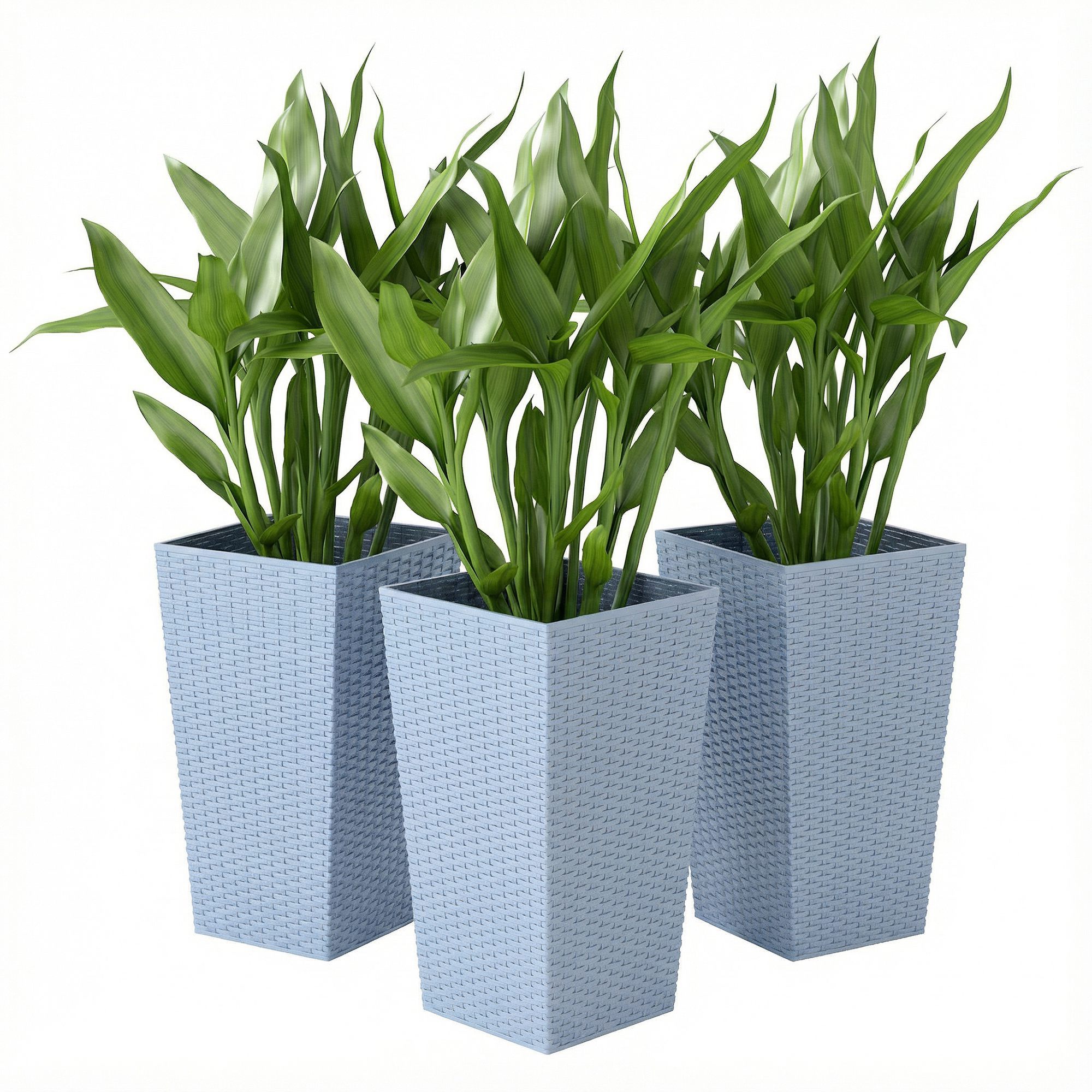 Outsunny Tall Planters for Outdoor Plants Set of 3, 24 In Taper Planters with Drainage Holes, Rattan Decor Plant Pots, Light Gray