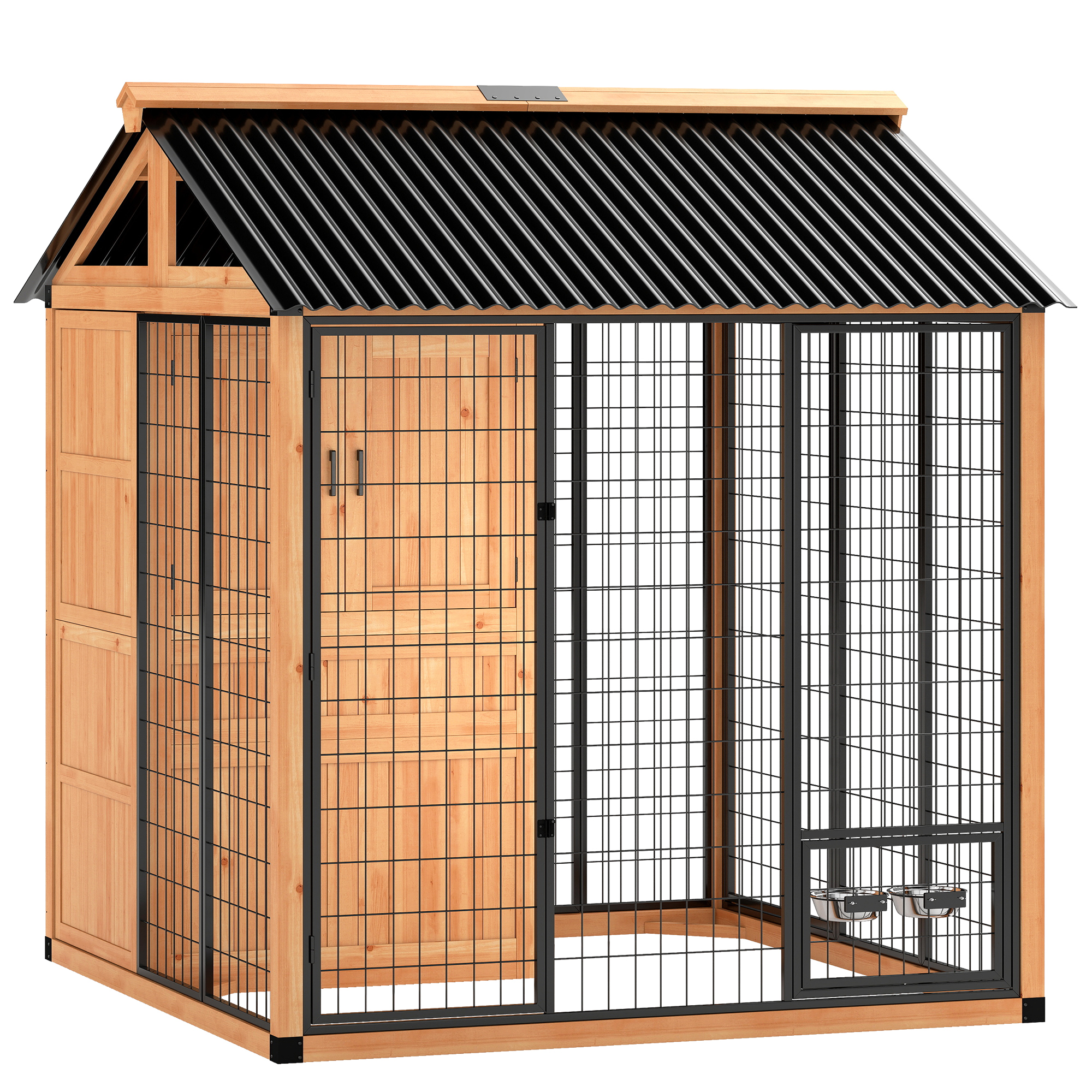 PawHut 7' x 6' Extra Large Dog House, Wood Outdoor Dog Kennel with Storage Cabinet, Stainless Steel Bowls, Light Yellow