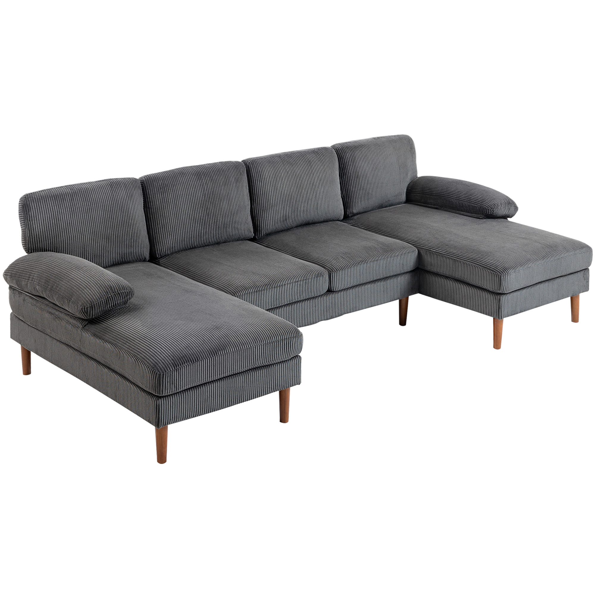 U Shape Couch with Double Chaise Lounge, Modern 4 Seater Sofa with Wooden Legs, Fabric Sofa for Living Room, Dark Grey 1