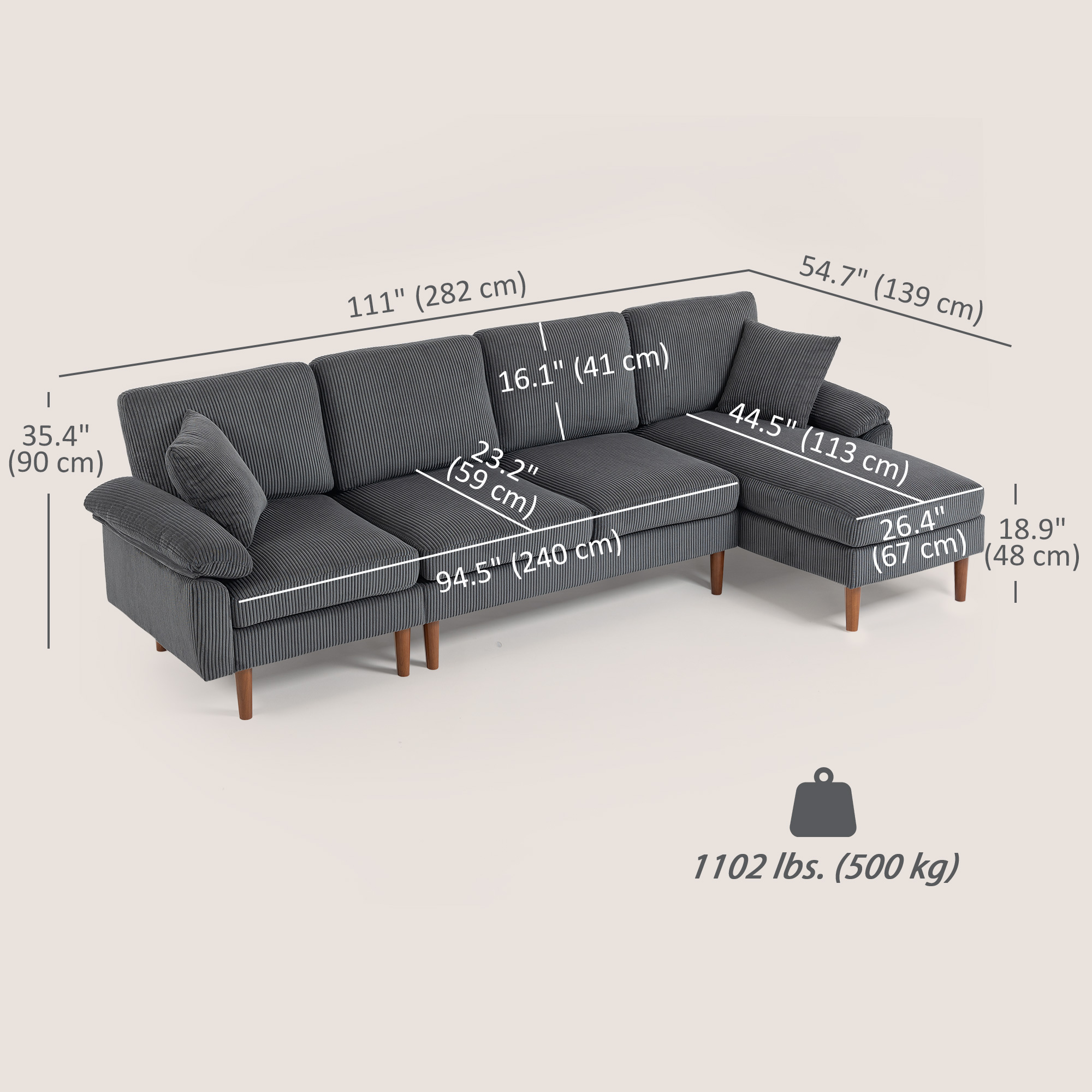HOMCOM L-Shape Sofa, Modern Sectional Couch with Changeable Chaise