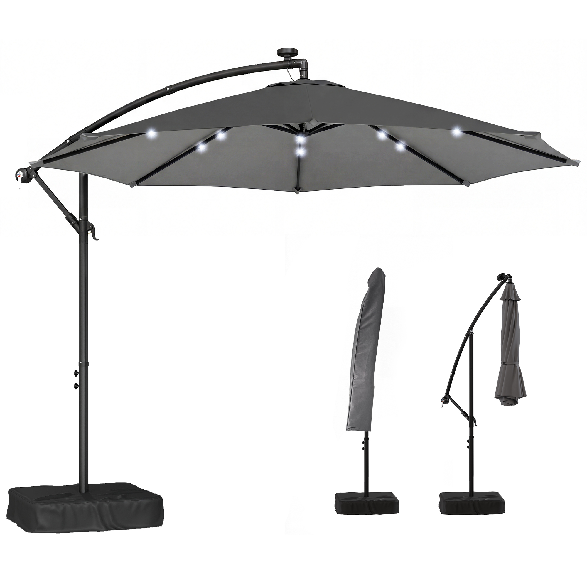 Outsunny 10 ft Cantilever Patio Umbrella with Light, Weight, Offset Hanging Outdoor Umbrella with Protective Cover, Dark Gray