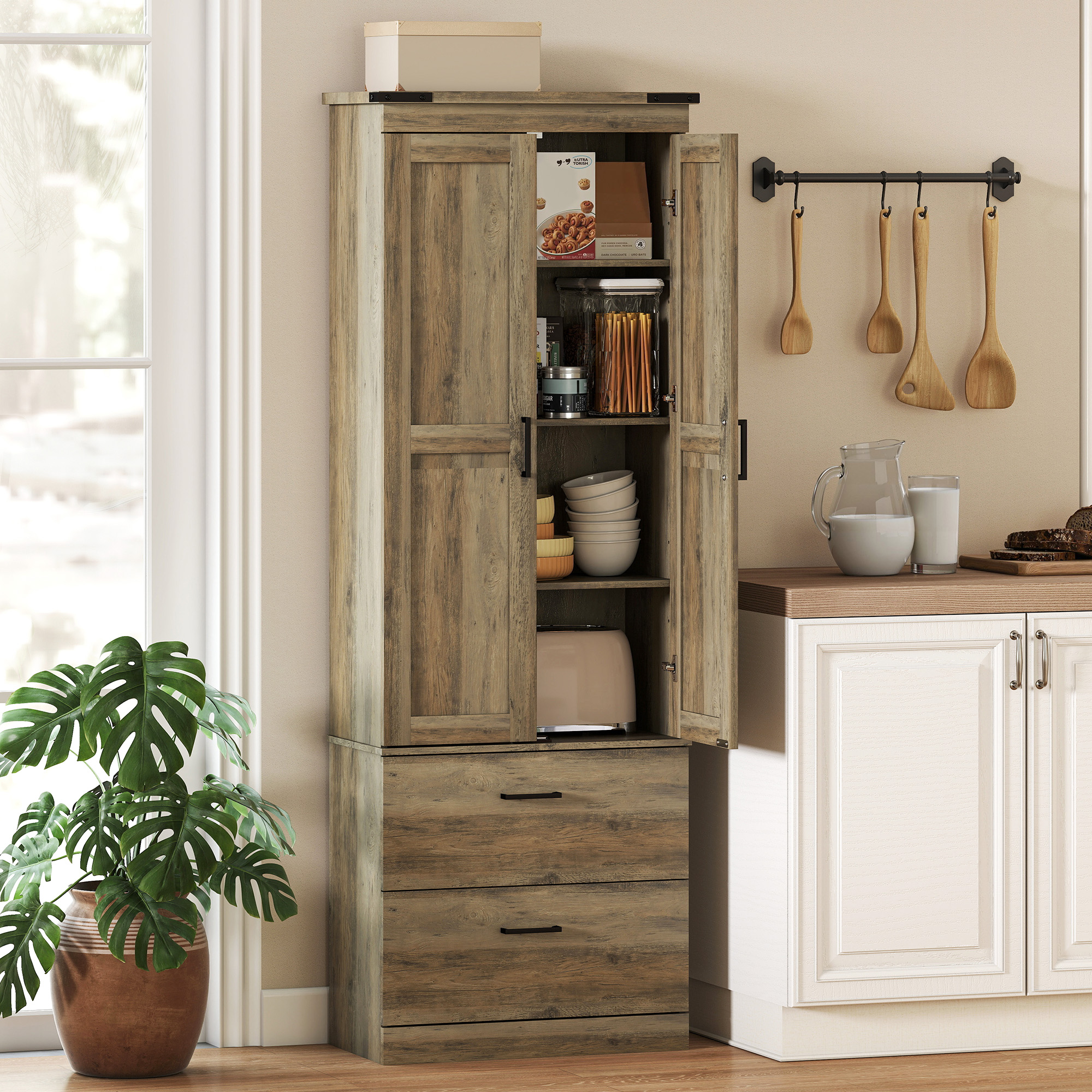 HOMCOM 67" Kitchen Pantry Cabinet, Tall Kitchen Pantry Storage Cabinet with Doors, Drawers and Adjustable Shelves, Grey Brown Aosom Canada